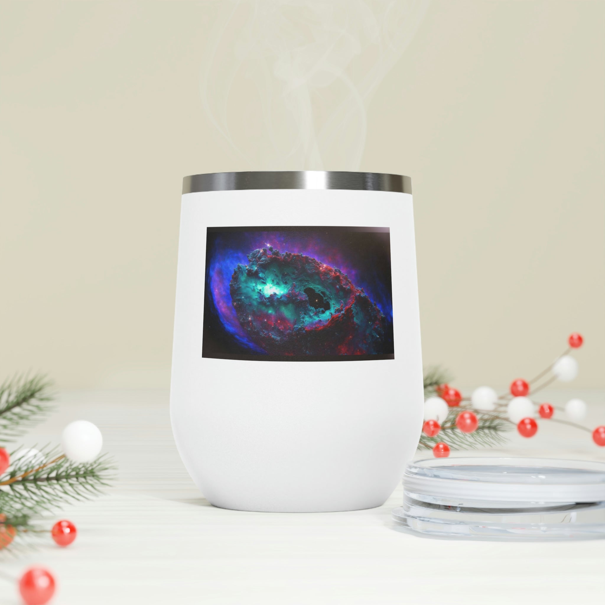 Galaxy Effects Wine Tumbler with vibrant colors and clear lid, perfect for hot and cold beverages.