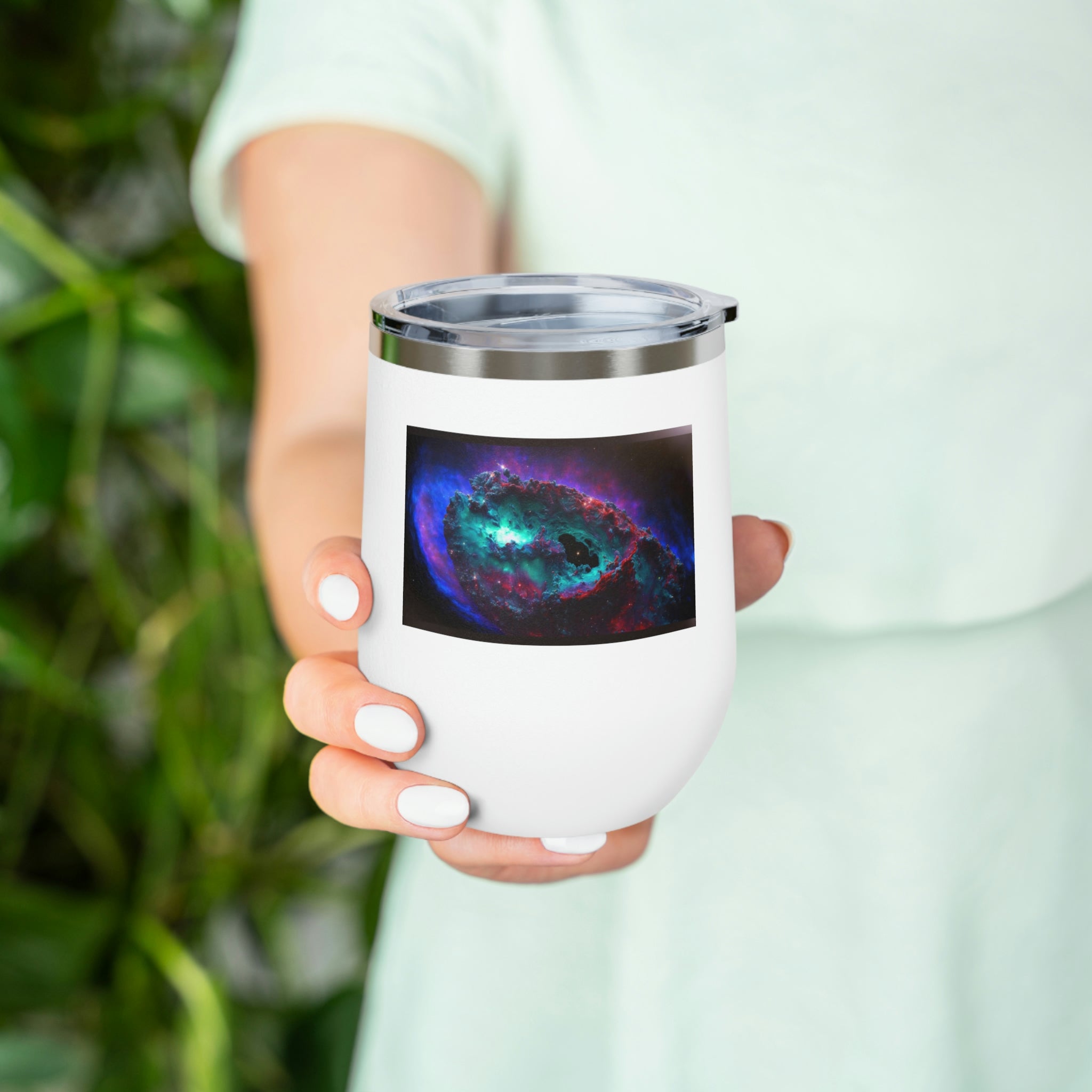 Galaxy Effects Wine Tumbler with vibrant colors and clear lid, perfect for hot and cold beverages.