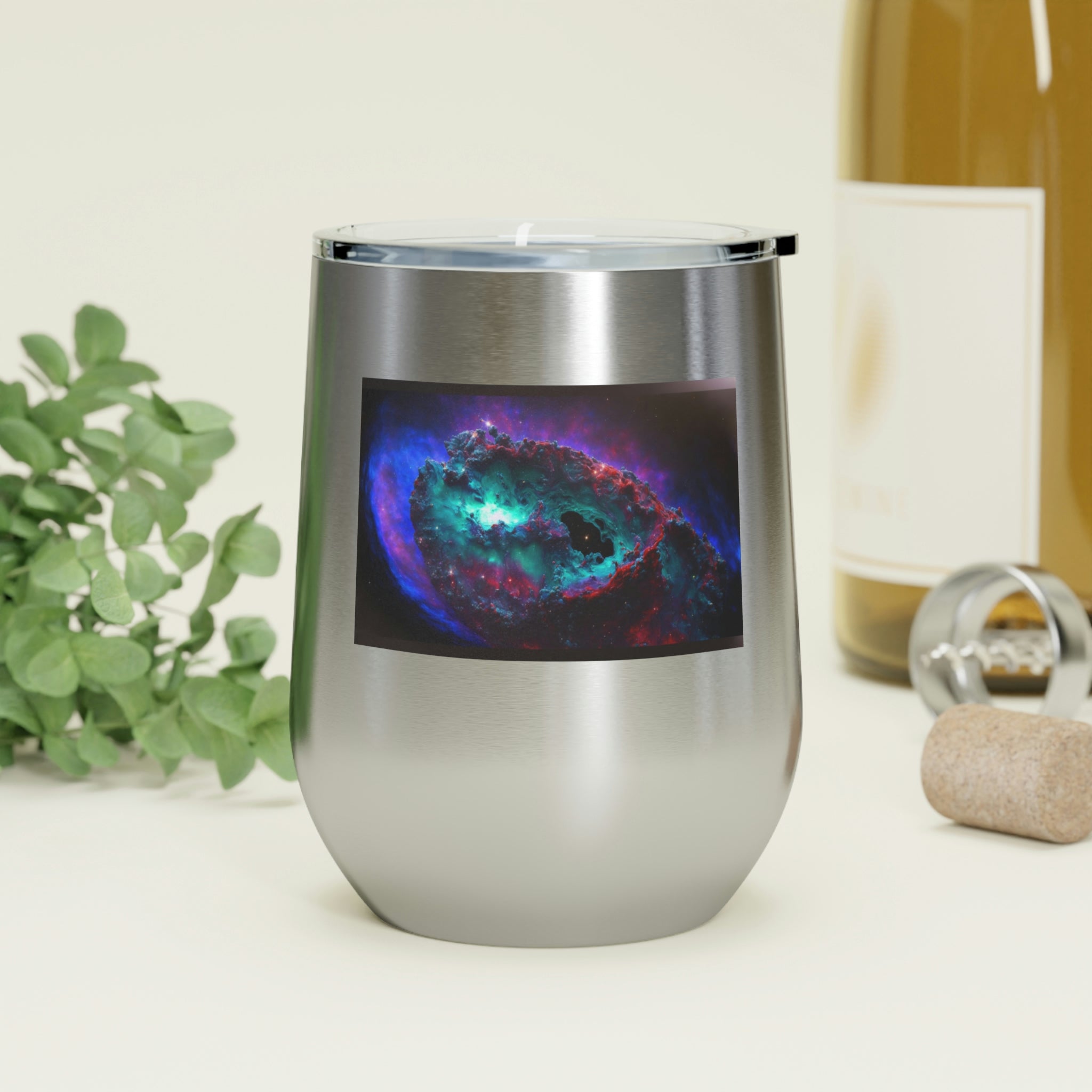 Galaxy Effects Wine Tumbler with vibrant colors and clear lid, perfect for hot and cold beverages.