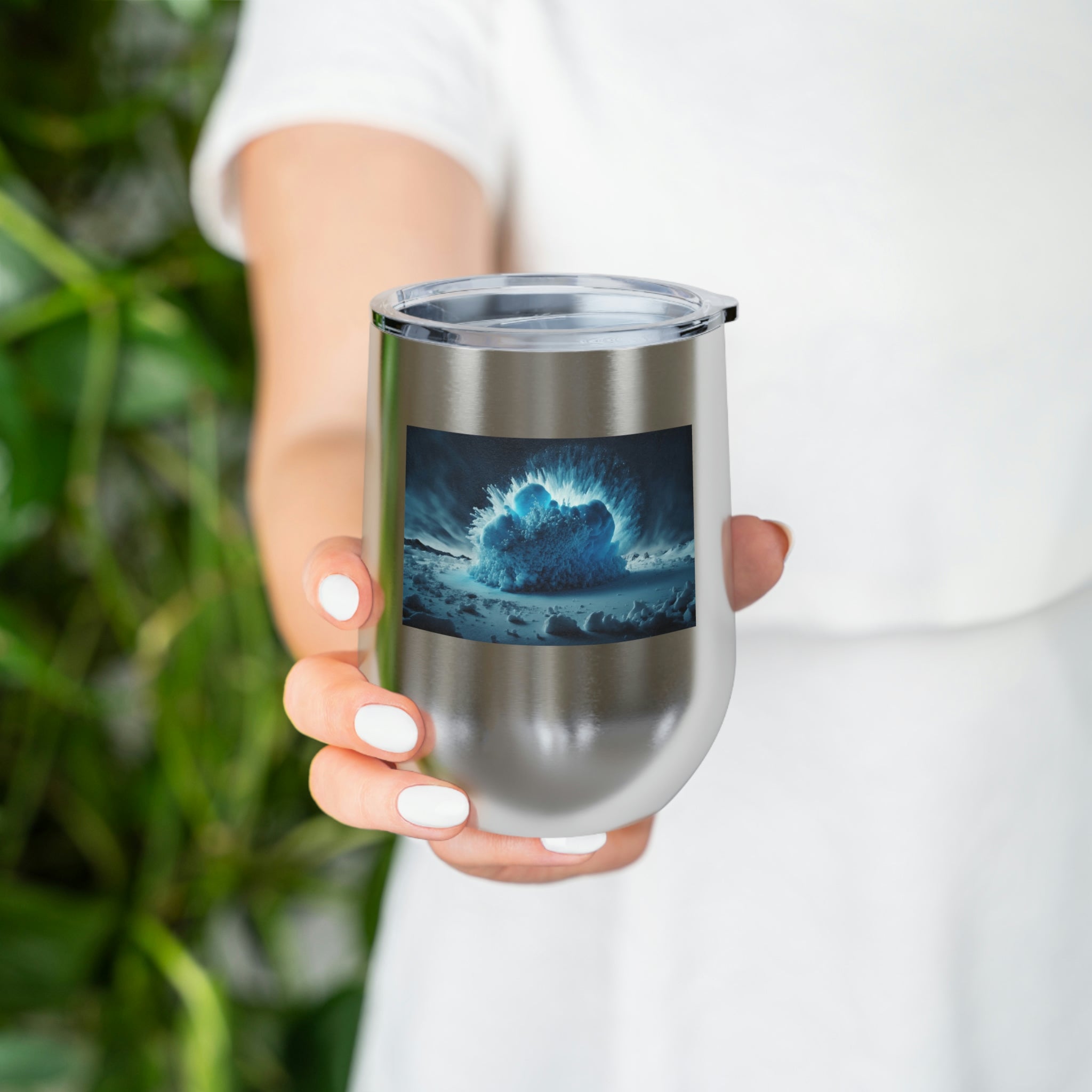 Galaxy Effects Wine Tumbler with vibrant colors and clear lid, perfect for hot and cold beverages.