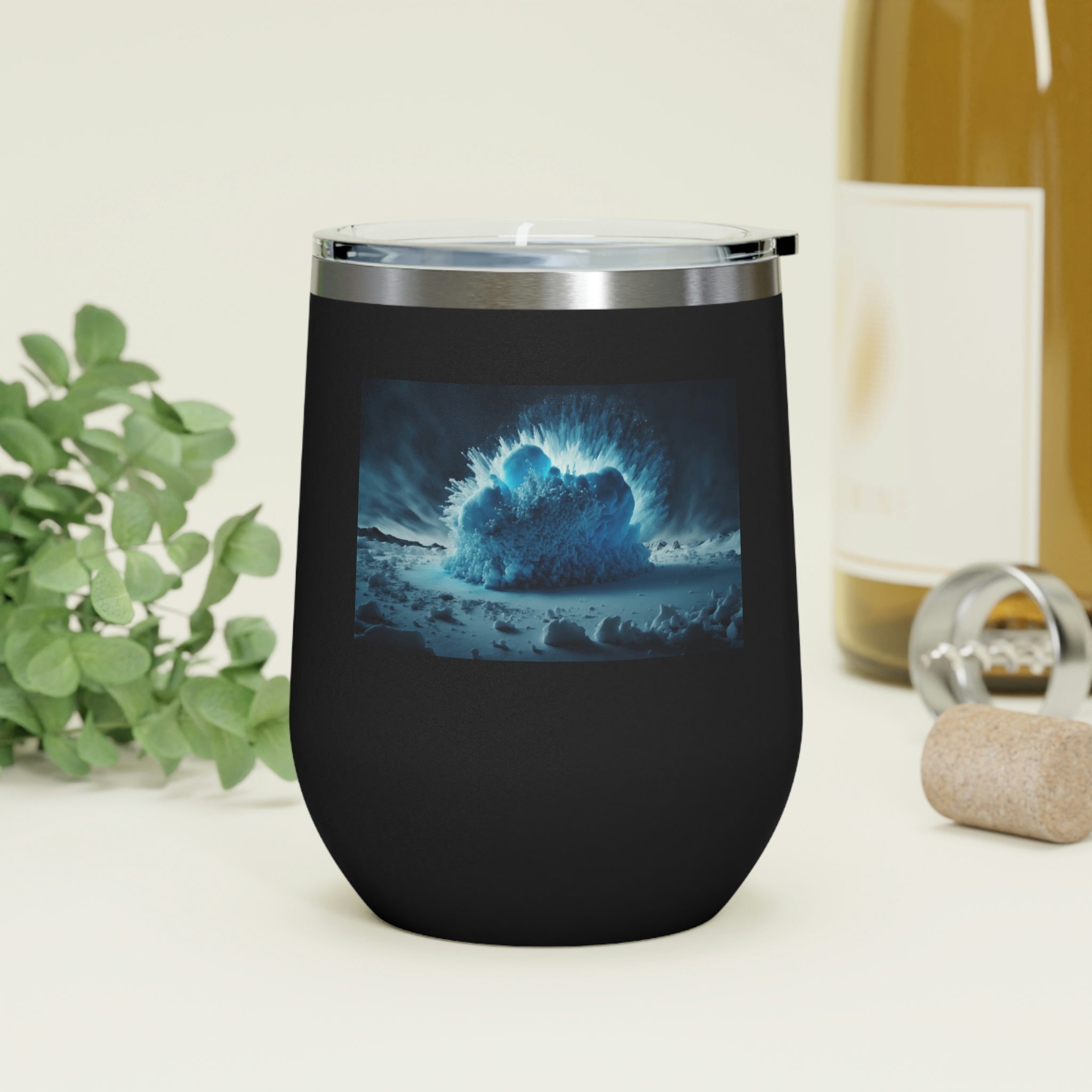 Galaxy Effects Wine Tumbler with vibrant colors and clear lid, perfect for hot and cold beverages.