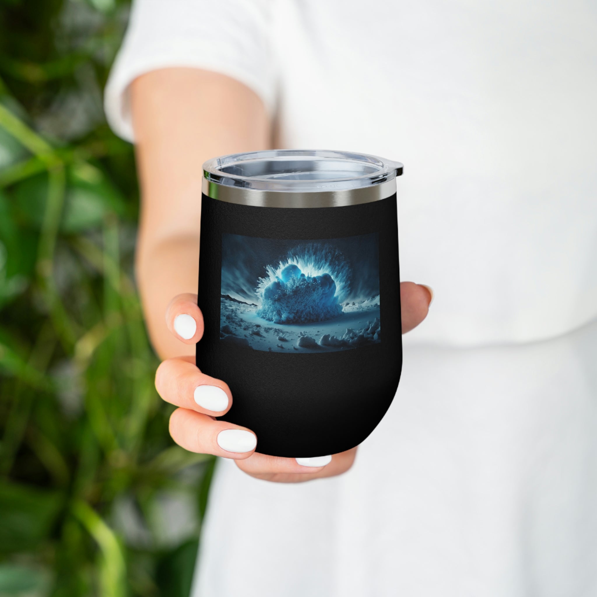 Galaxy Effects Wine Tumbler with vibrant colors and clear lid, perfect for hot and cold beverages.