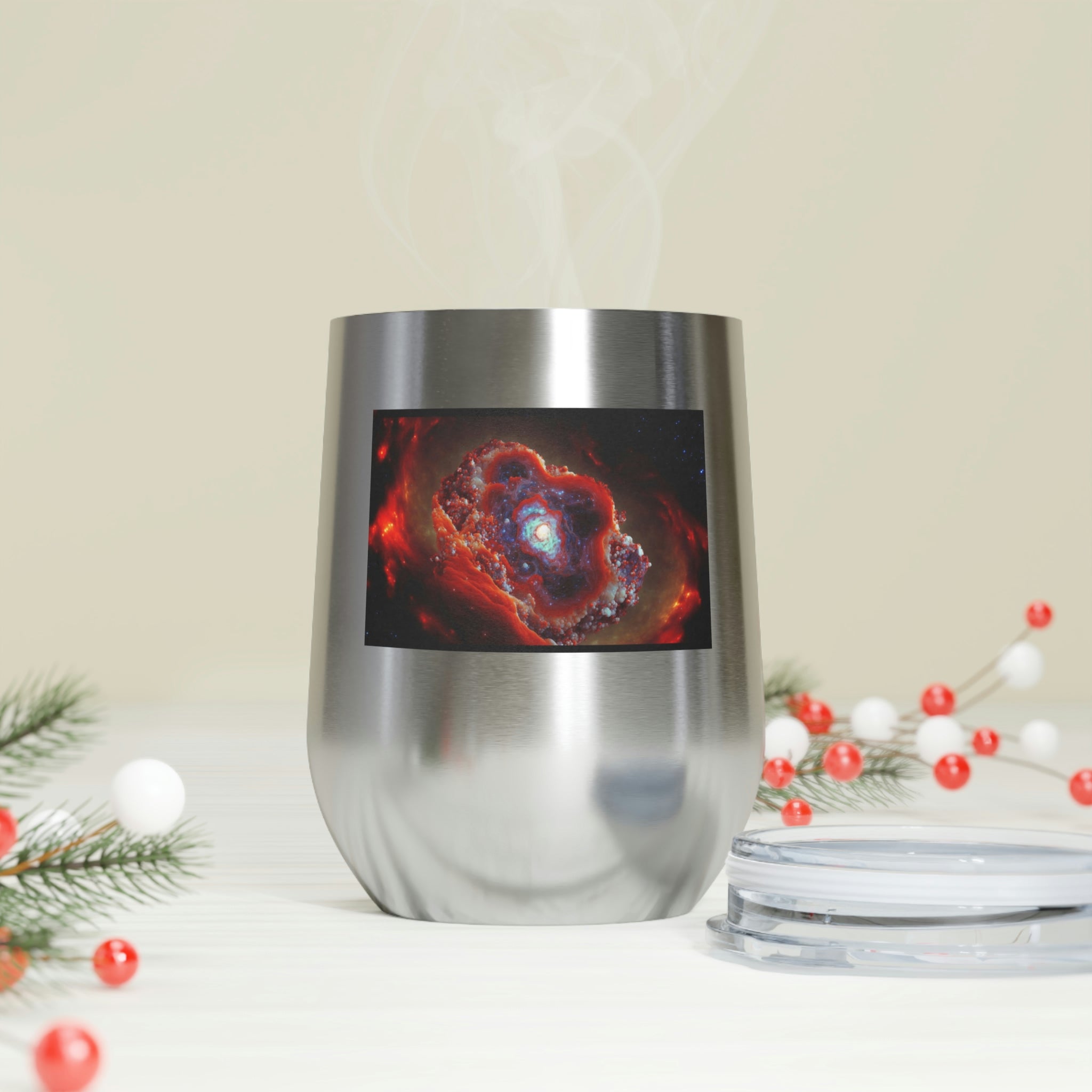 Galaxy Effects Wine Tumbler with vibrant design and clear lid, perfect for hot and cold beverages.