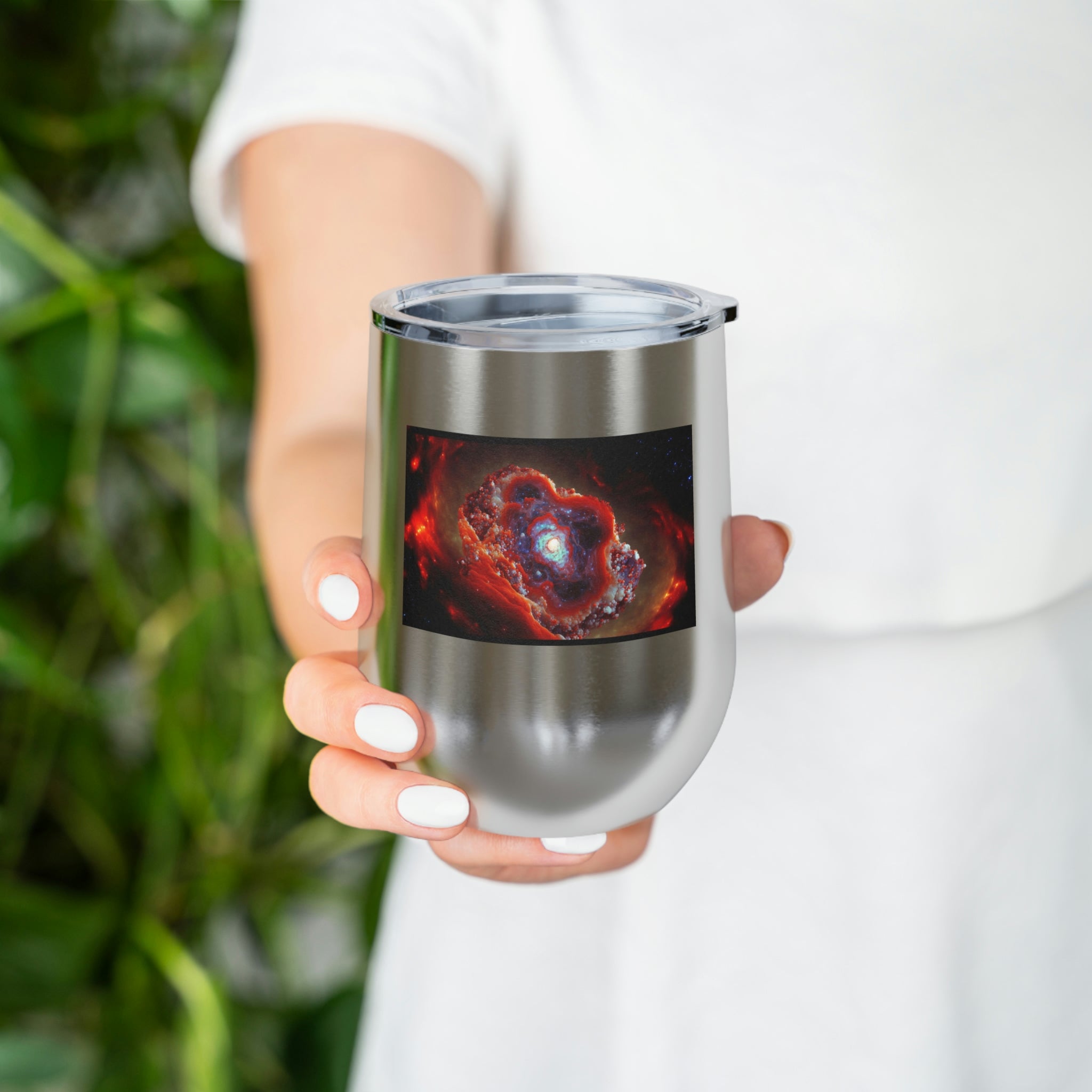 Galaxy Effects Wine Tumbler with vibrant design and clear lid, perfect for hot and cold beverages.