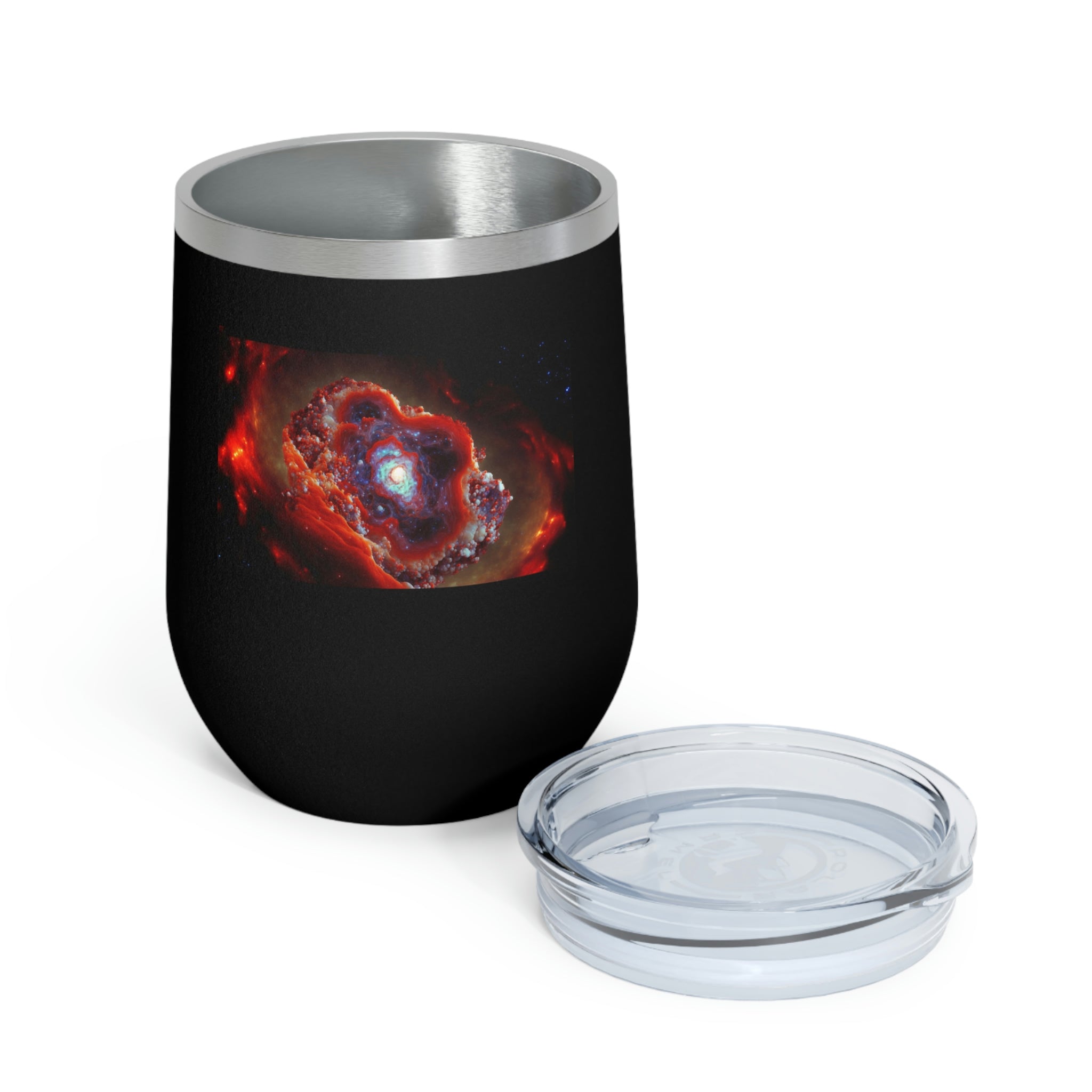 Galaxy Effects Wine Tumbler with vibrant design and clear lid, perfect for hot and cold beverages.