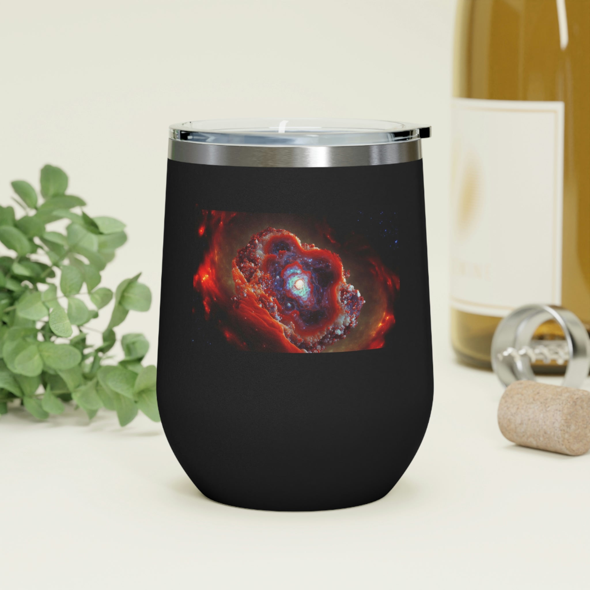 Galaxy Effects Wine Tumbler with vibrant design and clear lid, perfect for hot and cold beverages.