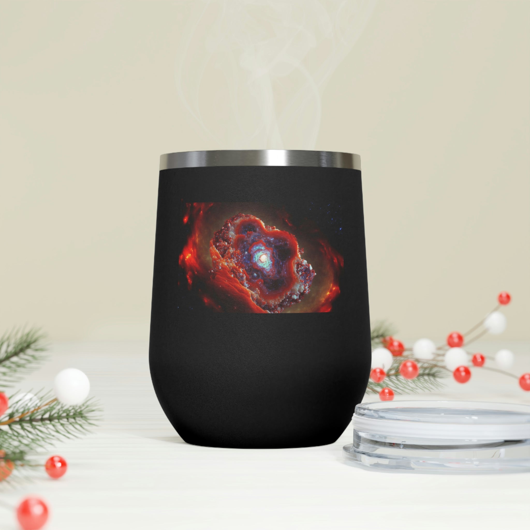 Galaxy Effects Wine Tumbler with vibrant design and clear lid, perfect for hot and cold beverages.