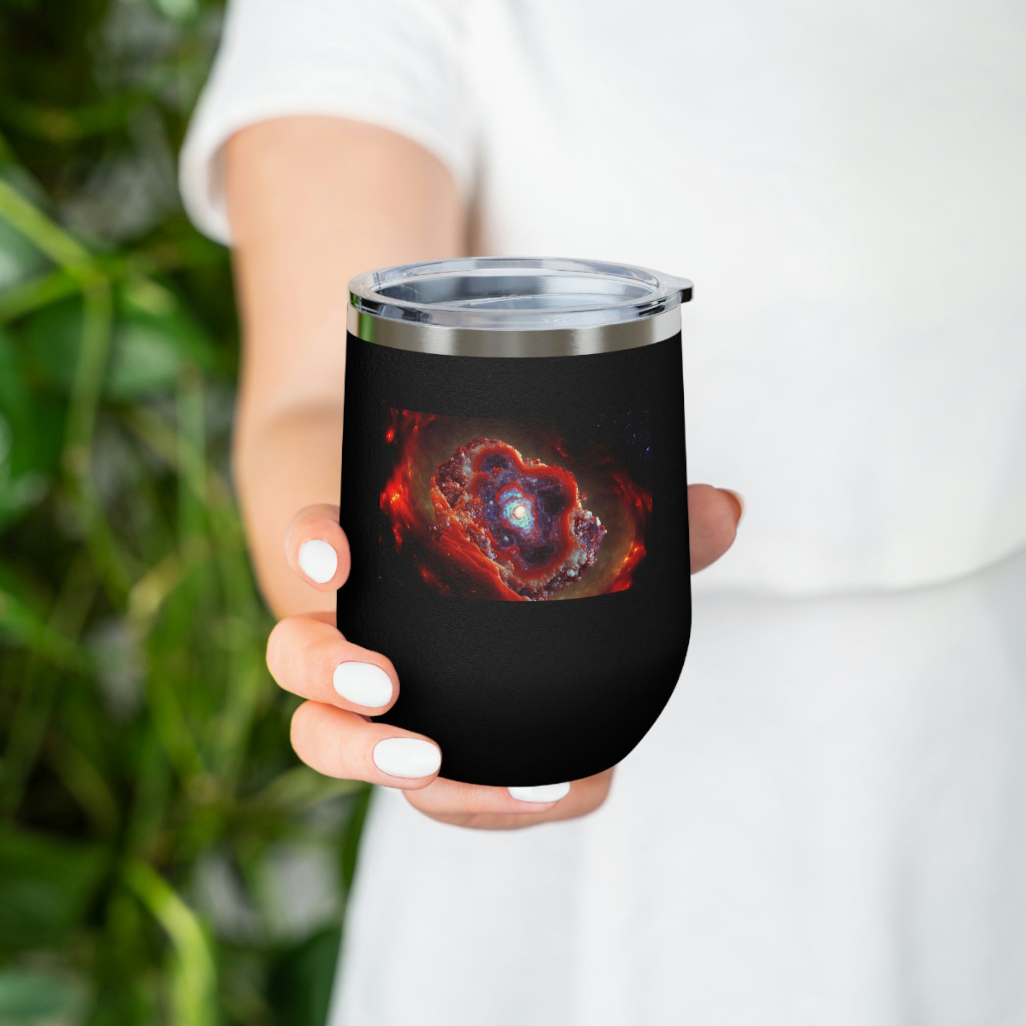 Galaxy Effects Wine Tumbler with vibrant design and clear lid, perfect for hot and cold beverages.