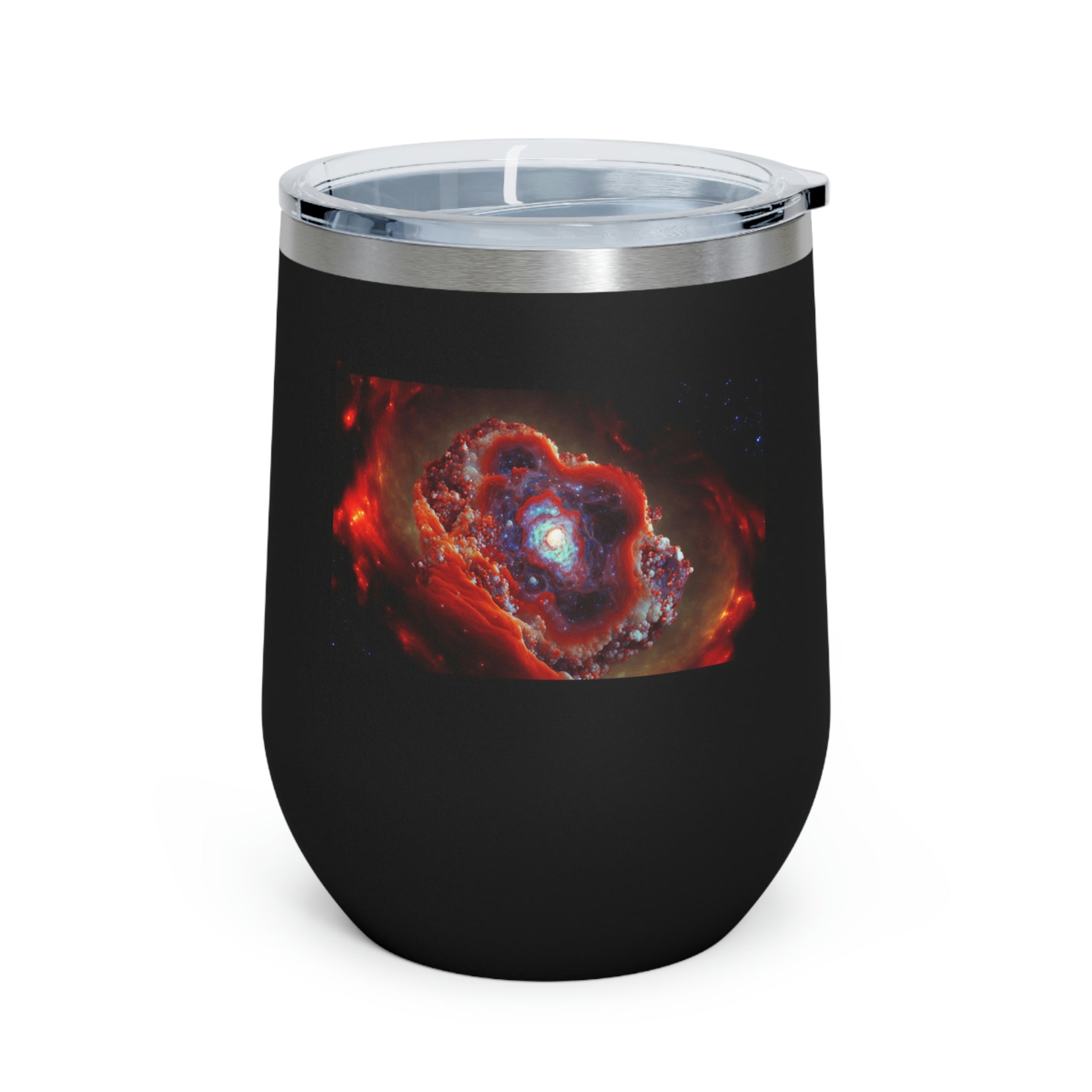 Galaxy Effects Wine Tumbler with vibrant design and clear lid, perfect for hot and cold beverages.