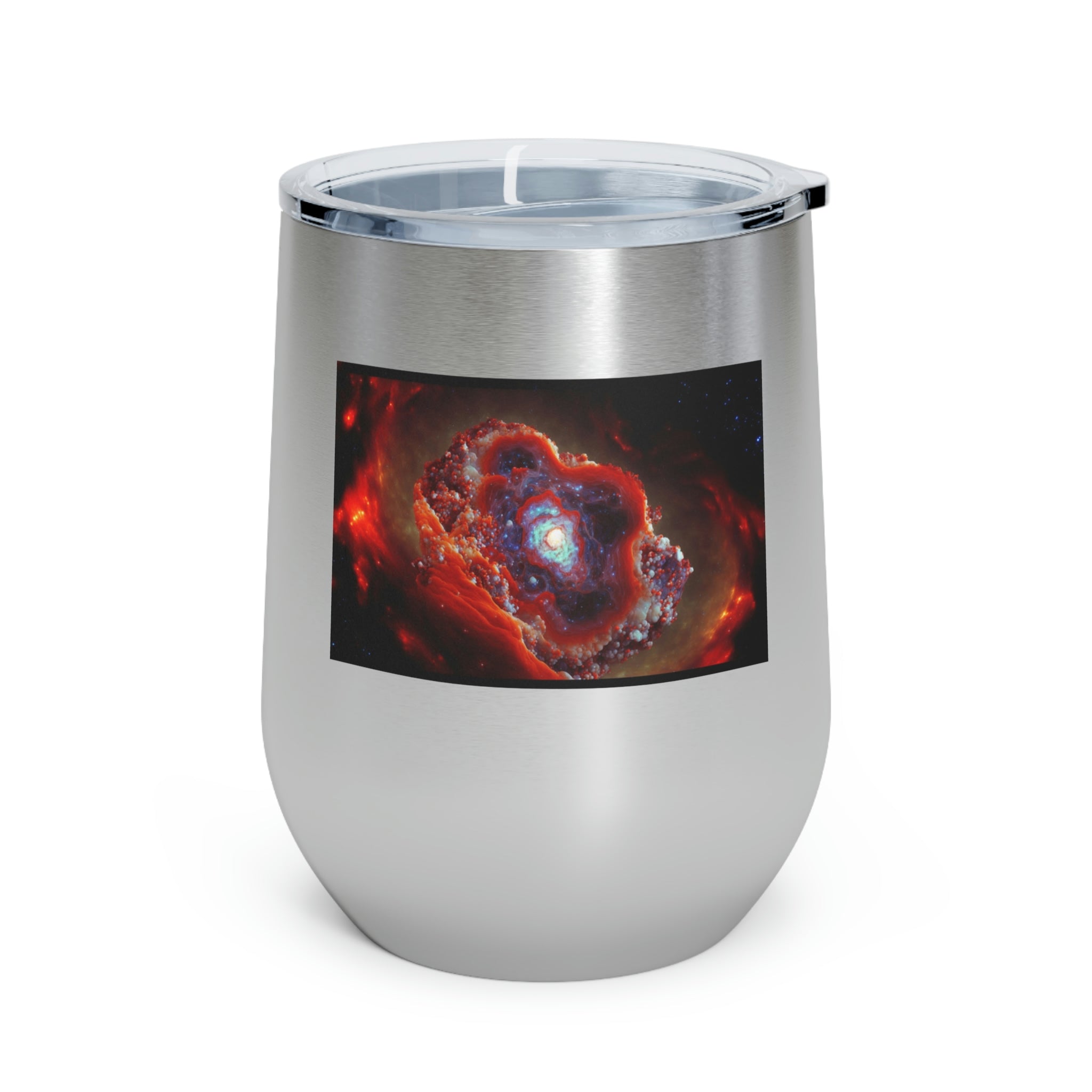 Galaxy Effects Wine Tumbler with vibrant design and clear lid, perfect for hot and cold beverages.