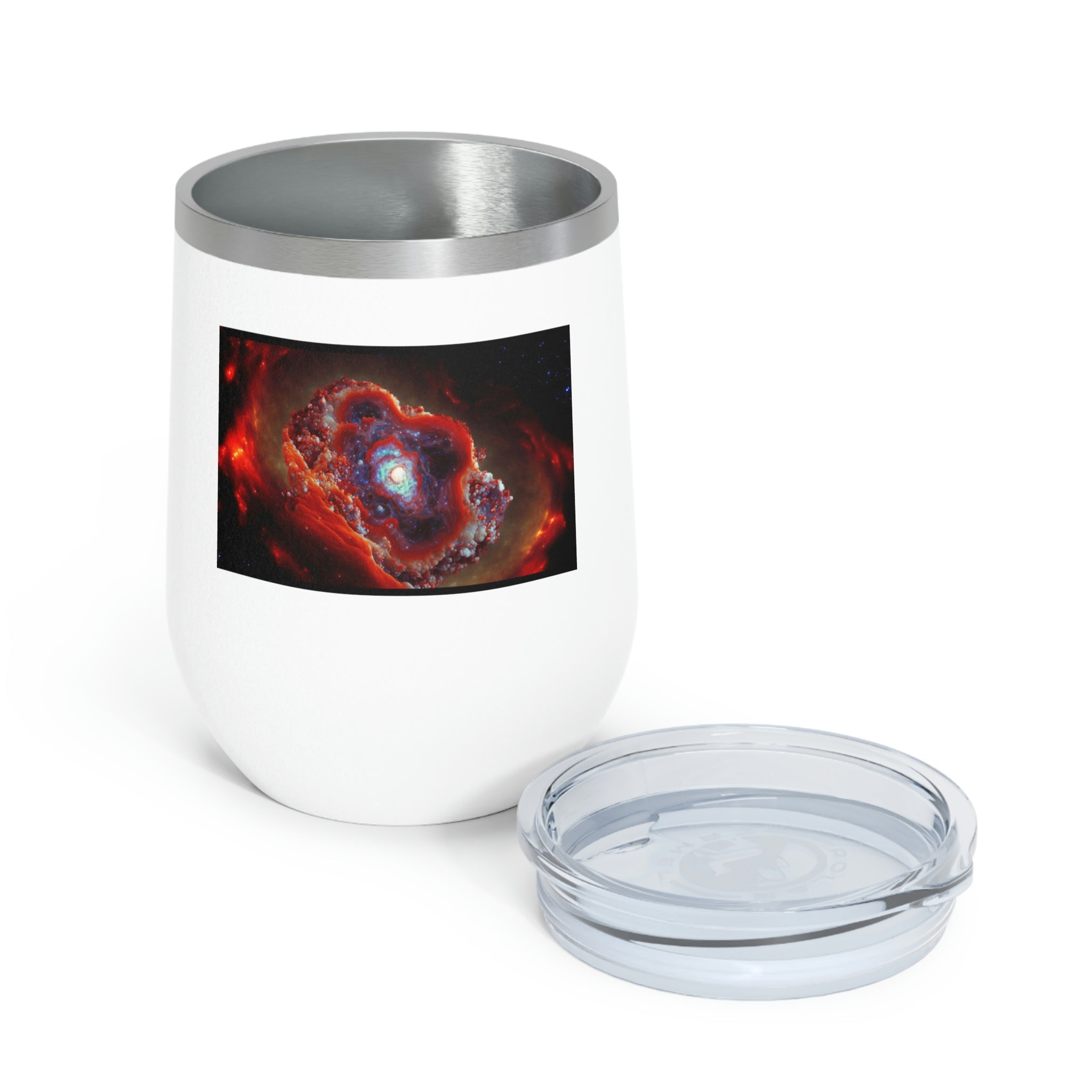 Galaxy Effects Wine Tumbler with vibrant design and clear lid, perfect for hot and cold beverages.