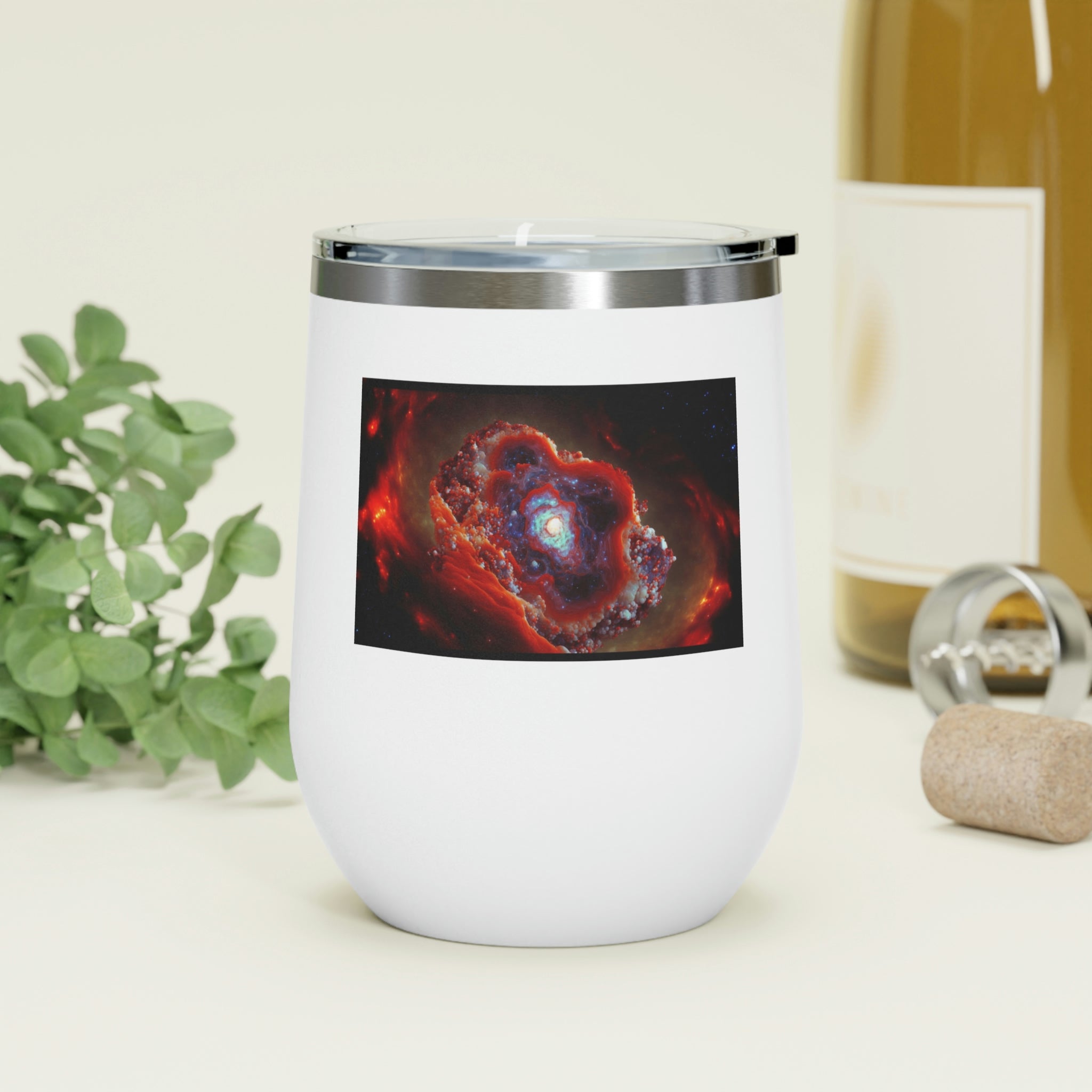 Galaxy Effects Wine Tumbler with vibrant design and clear lid, perfect for hot and cold beverages.