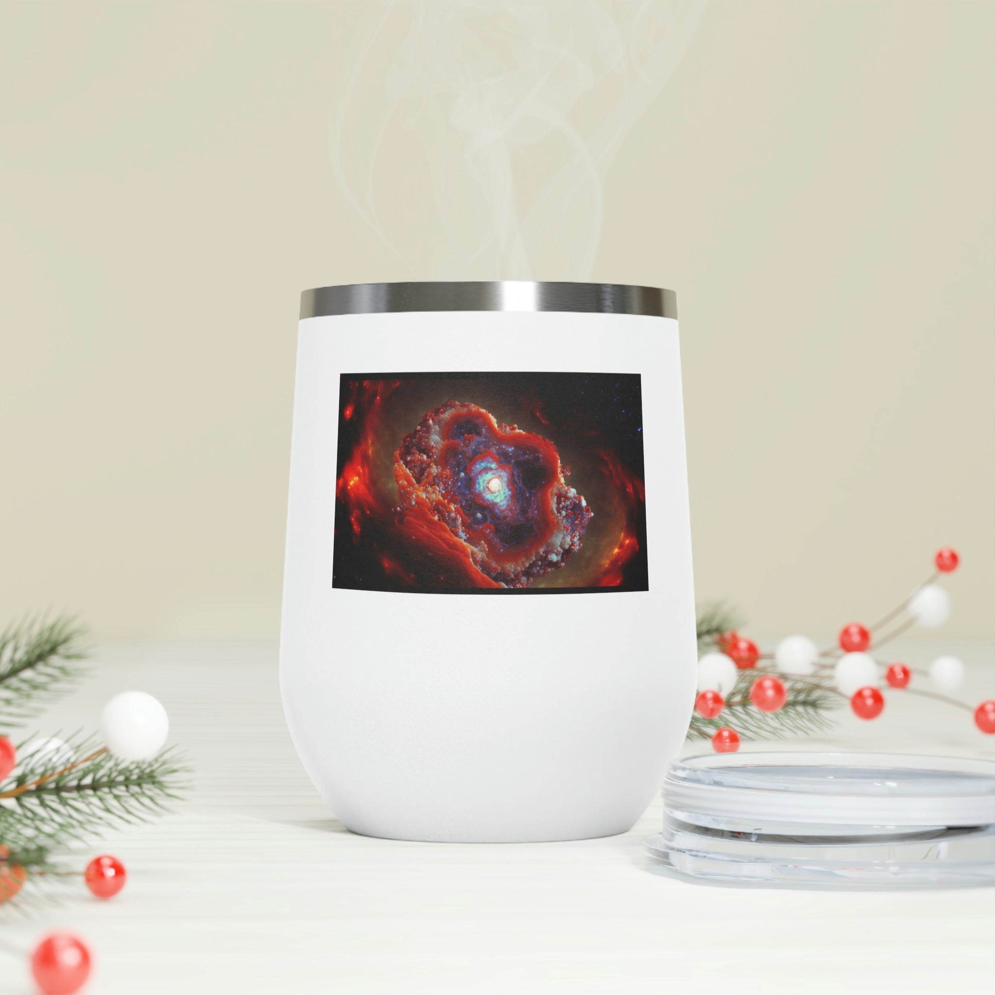 Galaxy Effects Wine Tumbler with vibrant design and clear lid, perfect for hot and cold beverages.