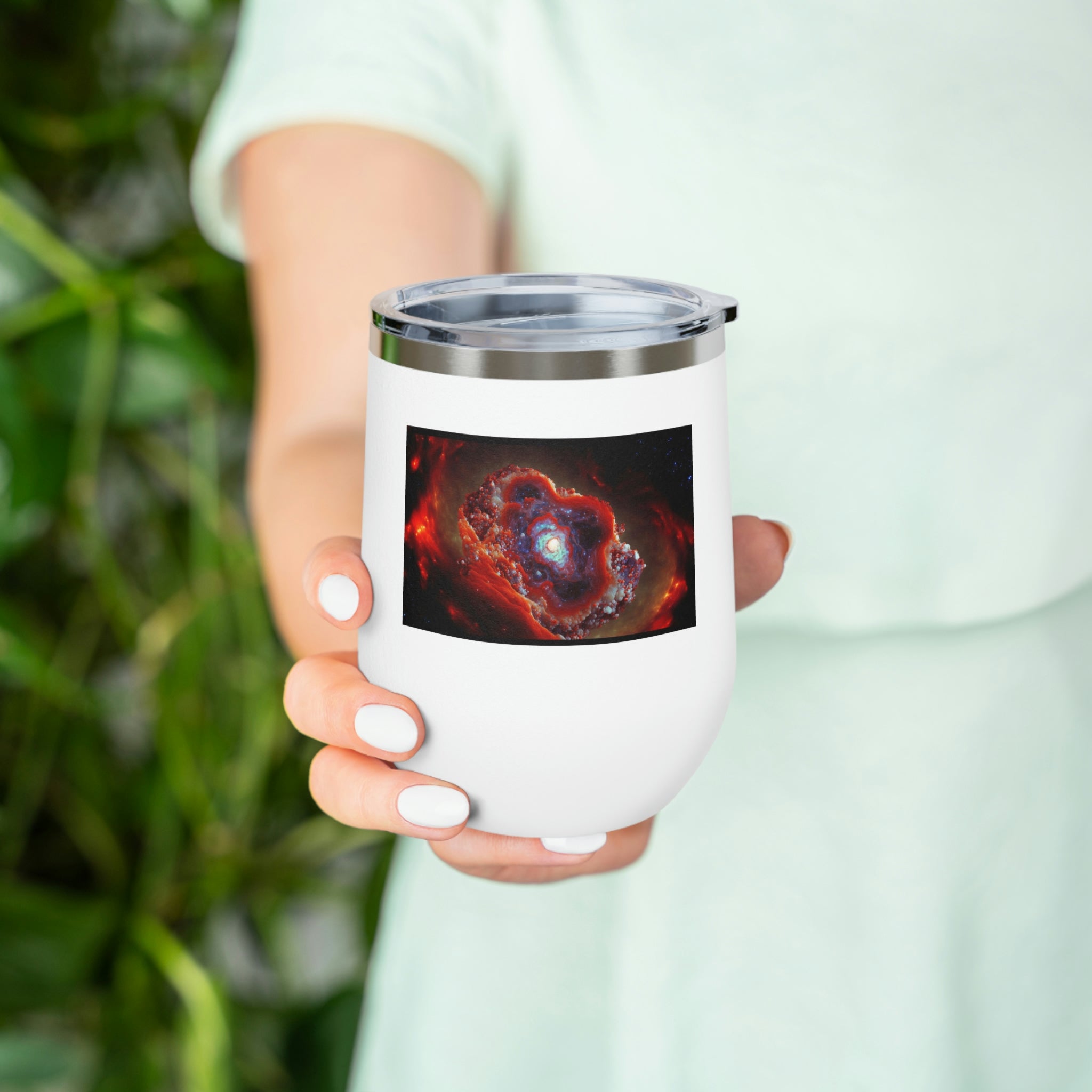 Galaxy Effects Wine Tumbler with vibrant design and clear lid, perfect for hot and cold beverages.