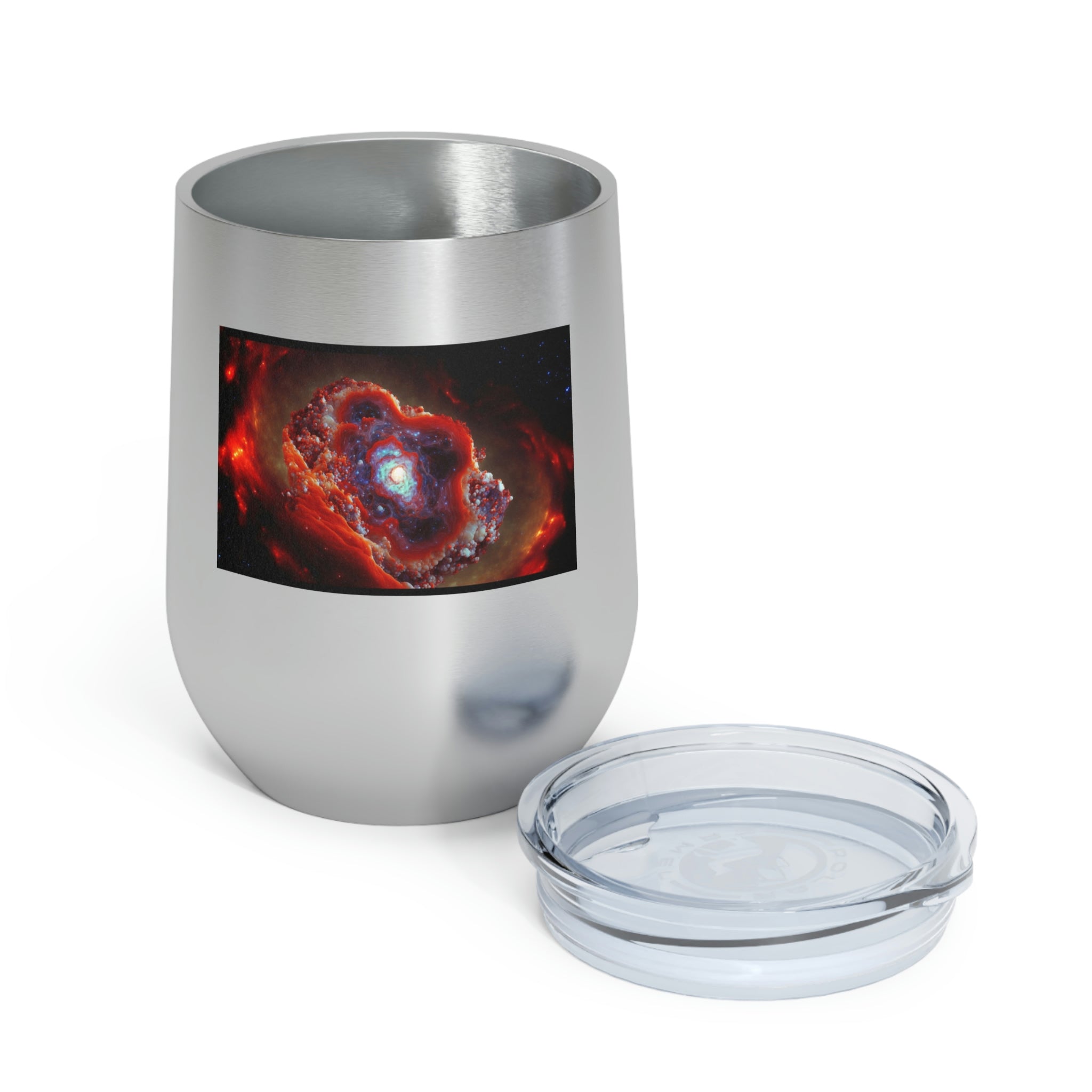 Galaxy Effects Wine Tumbler with vibrant design and clear lid, perfect for hot and cold beverages.