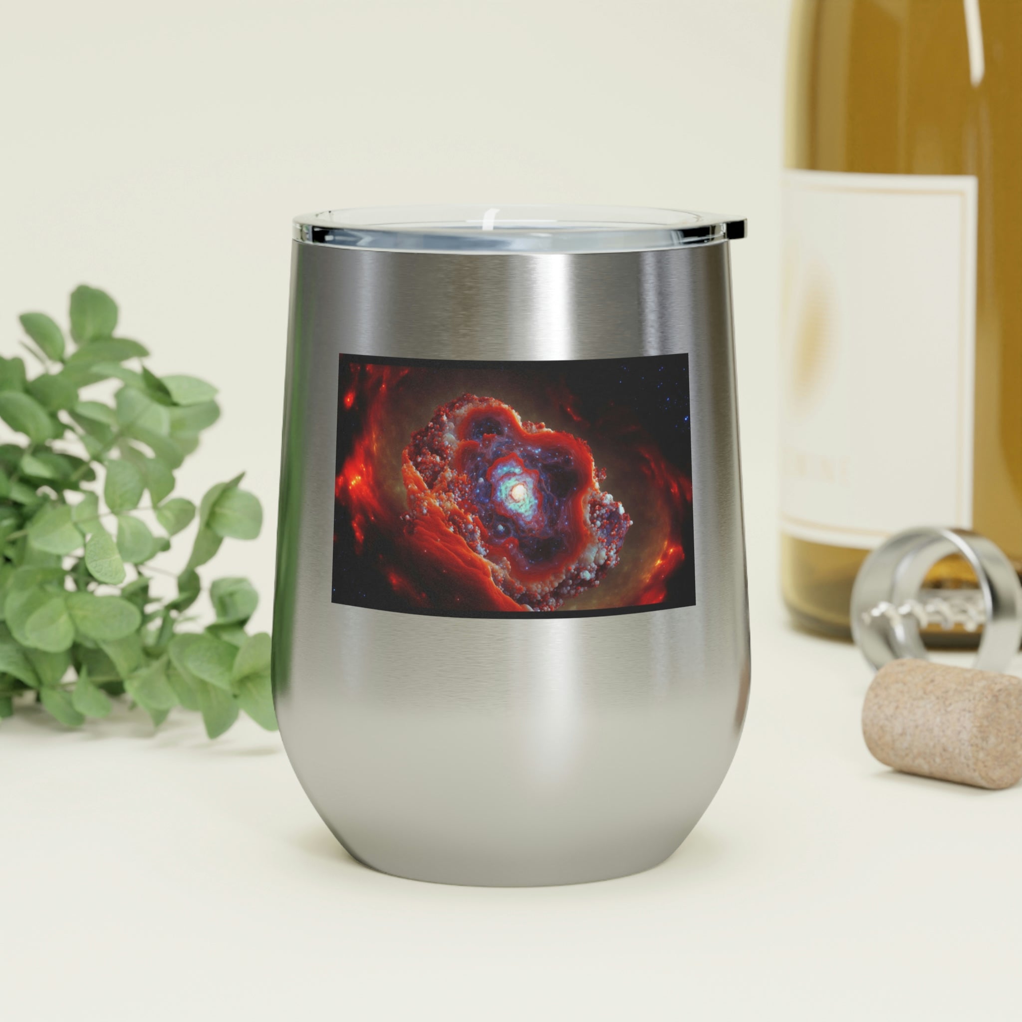 Galaxy Effects Wine Tumbler with vibrant design and clear lid, perfect for hot and cold beverages.