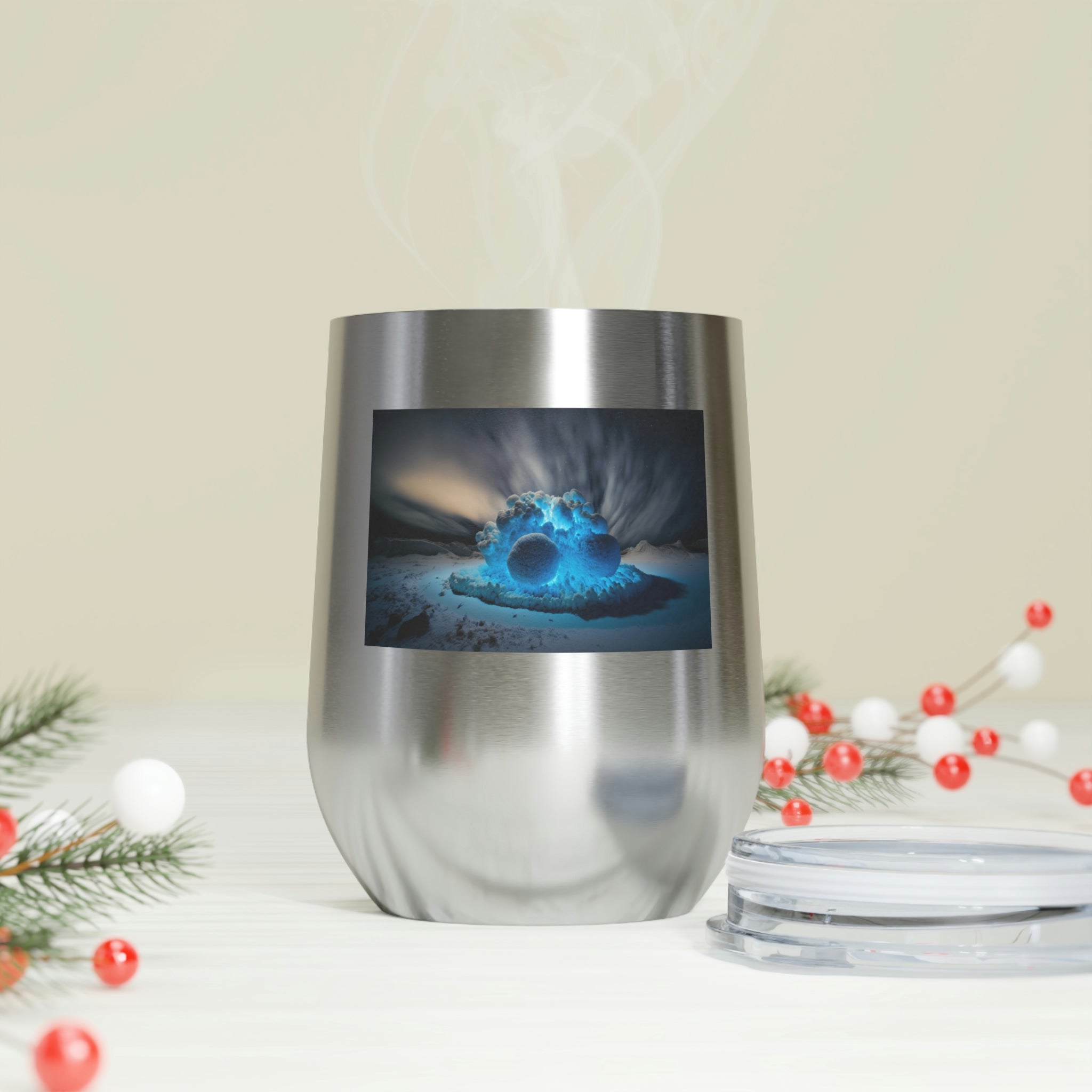 Galaxy Effects Wine Tumbler with vibrant colors and clear lid, perfect for hot and cold beverages.