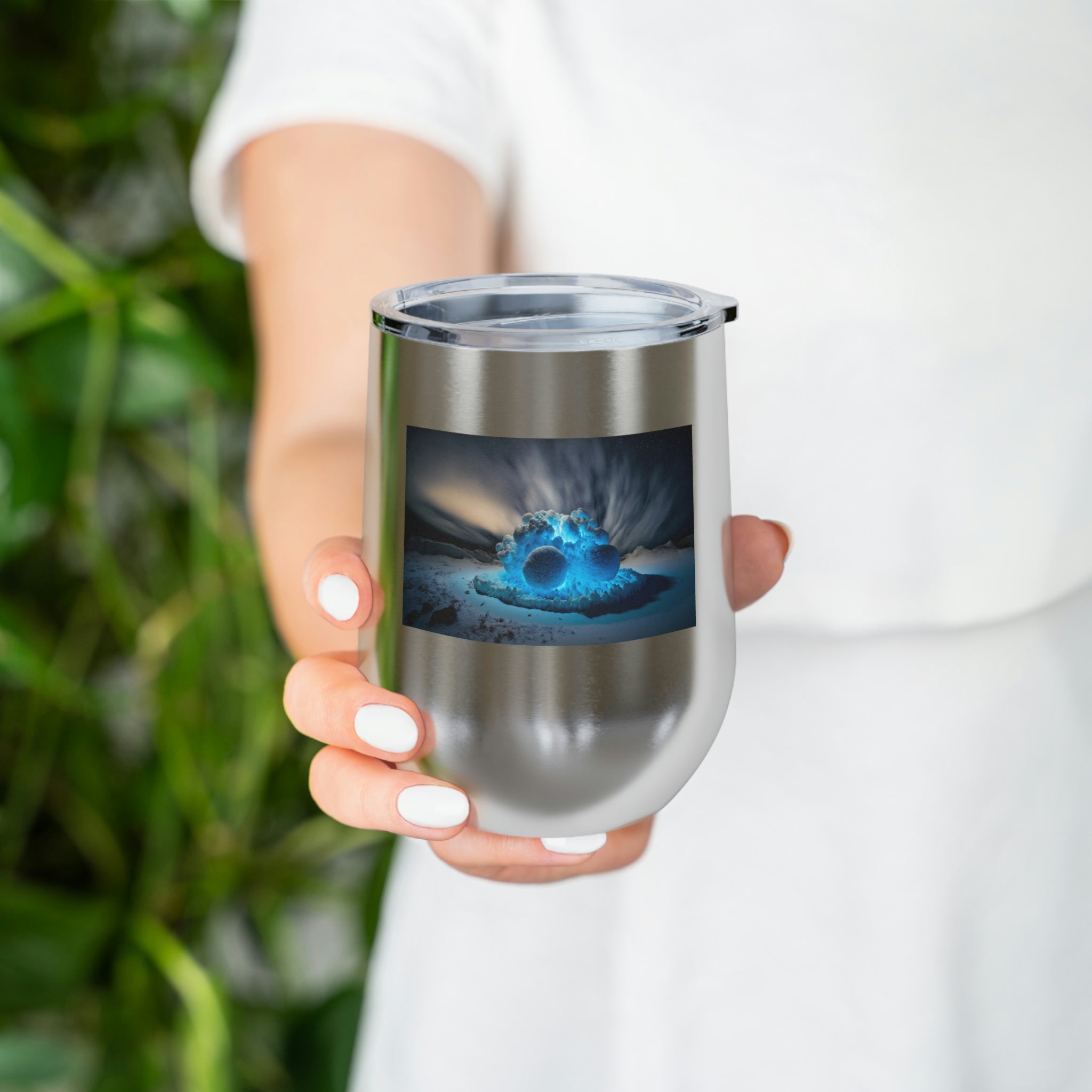 Galaxy Effects Wine Tumbler with vibrant colors and clear lid, perfect for hot and cold beverages.