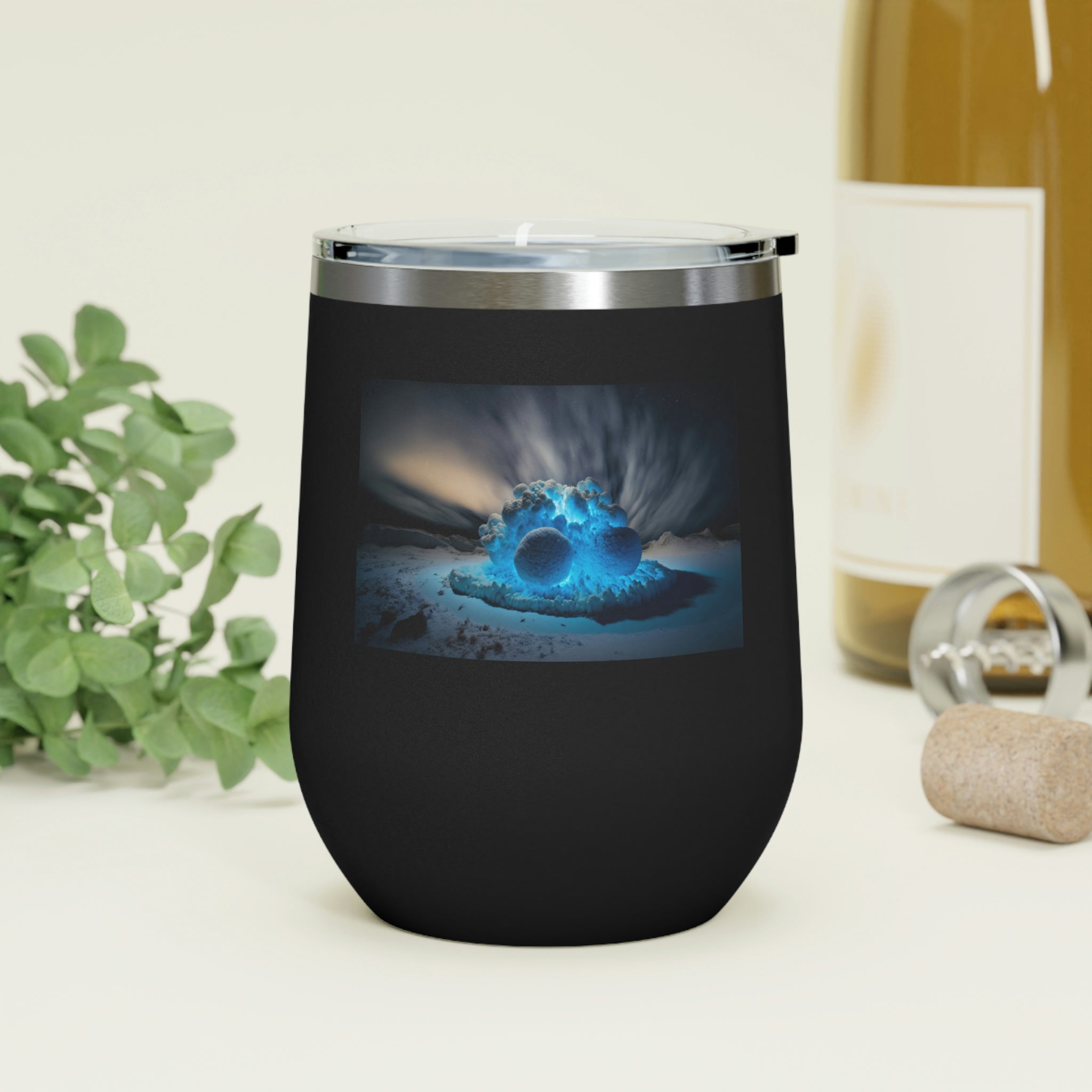 Galaxy Effects Wine Tumbler with vibrant colors and clear lid, perfect for hot and cold beverages.