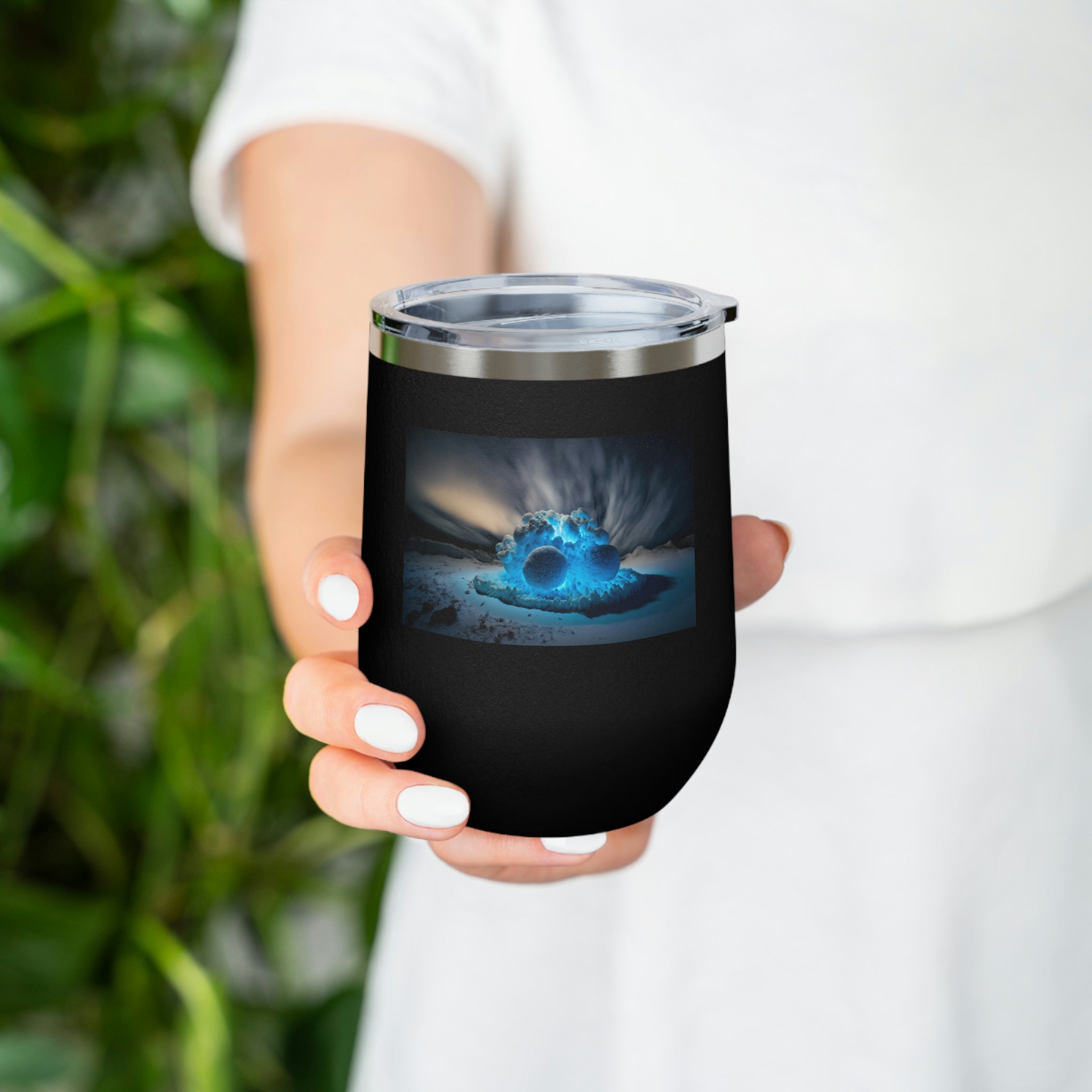 Galaxy Effects Wine Tumbler with vibrant colors and clear lid, perfect for hot and cold beverages.