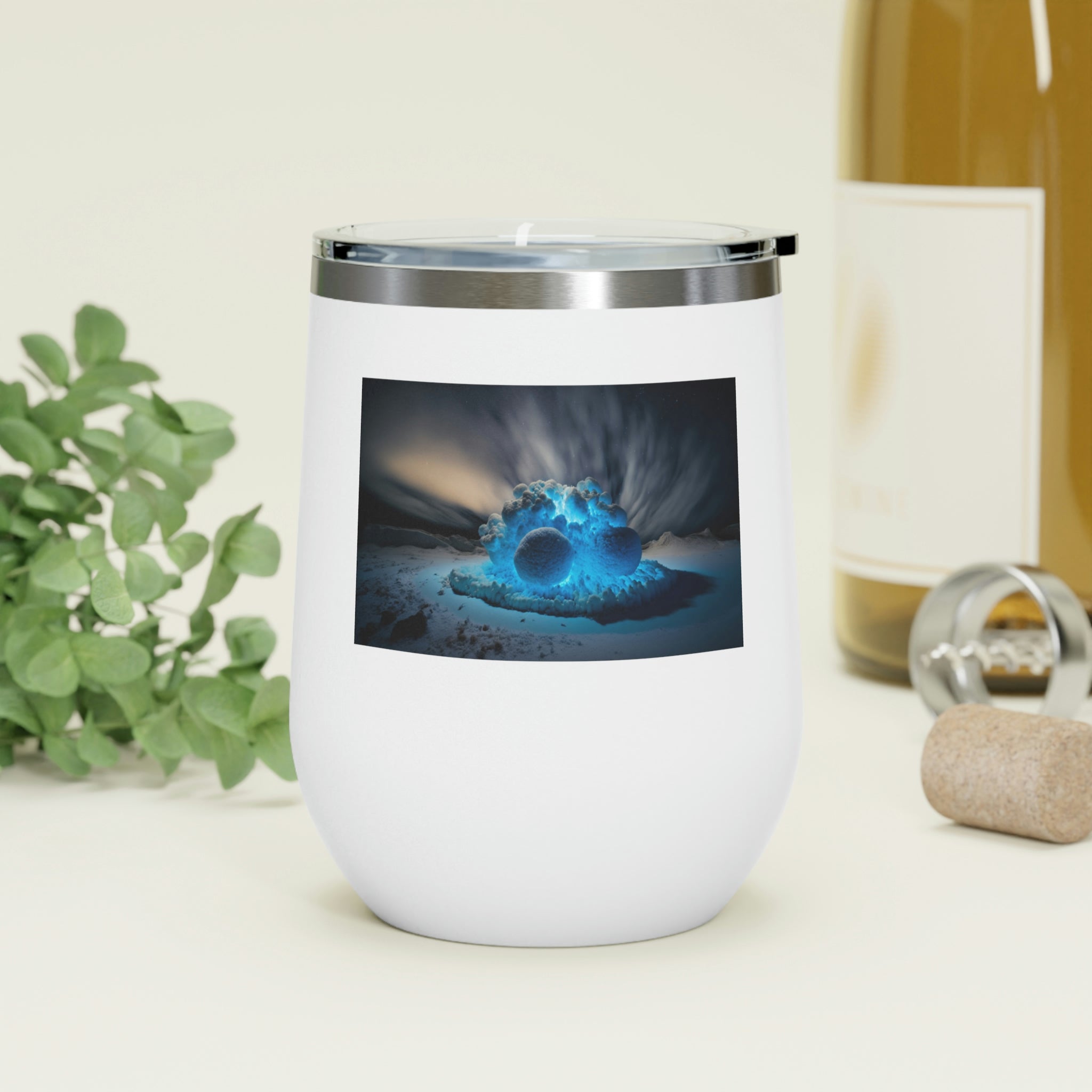 Galaxy Effects Wine Tumbler with vibrant colors and clear lid, perfect for hot and cold beverages.