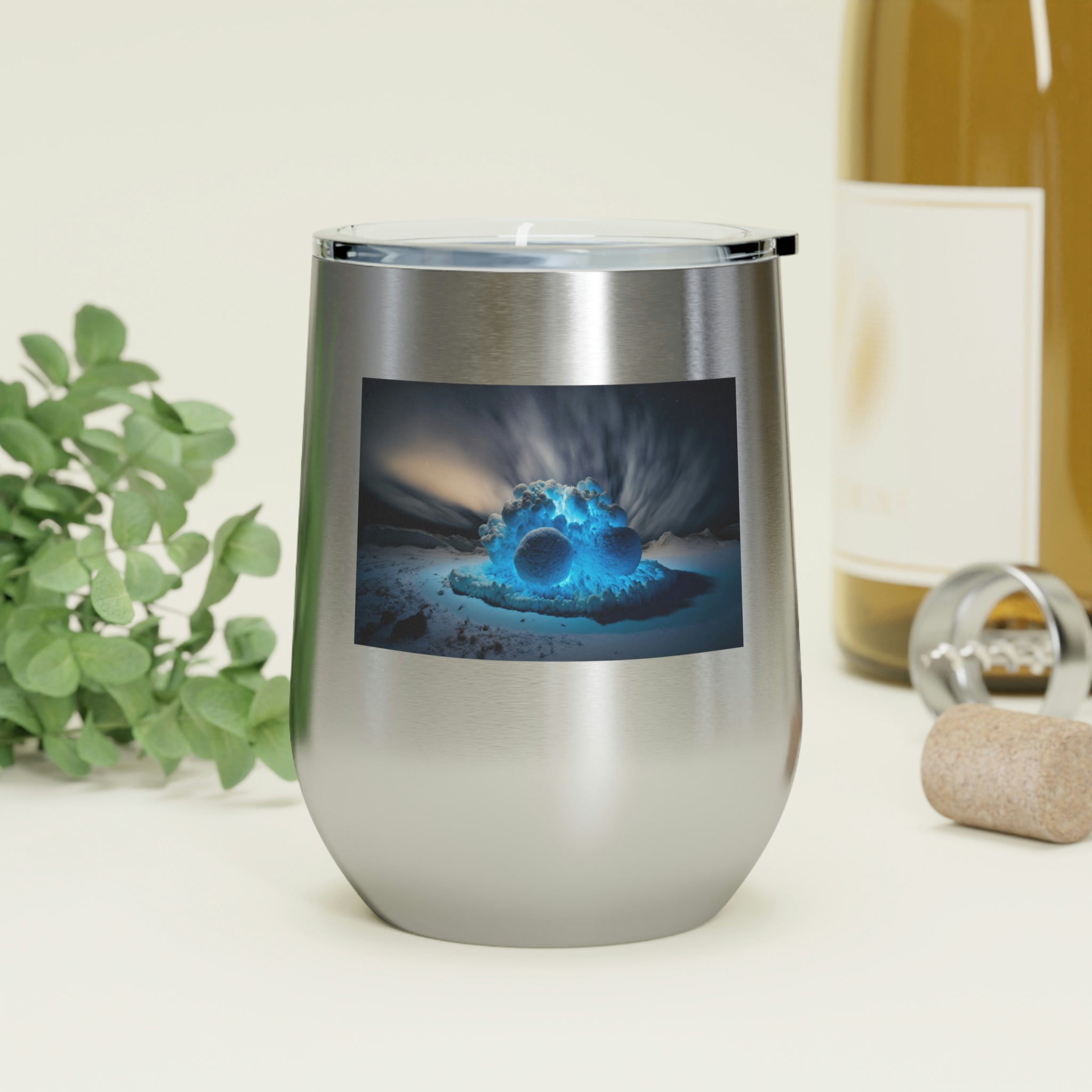 Galaxy Effects Wine Tumbler with vibrant colors and clear lid, perfect for hot and cold beverages.