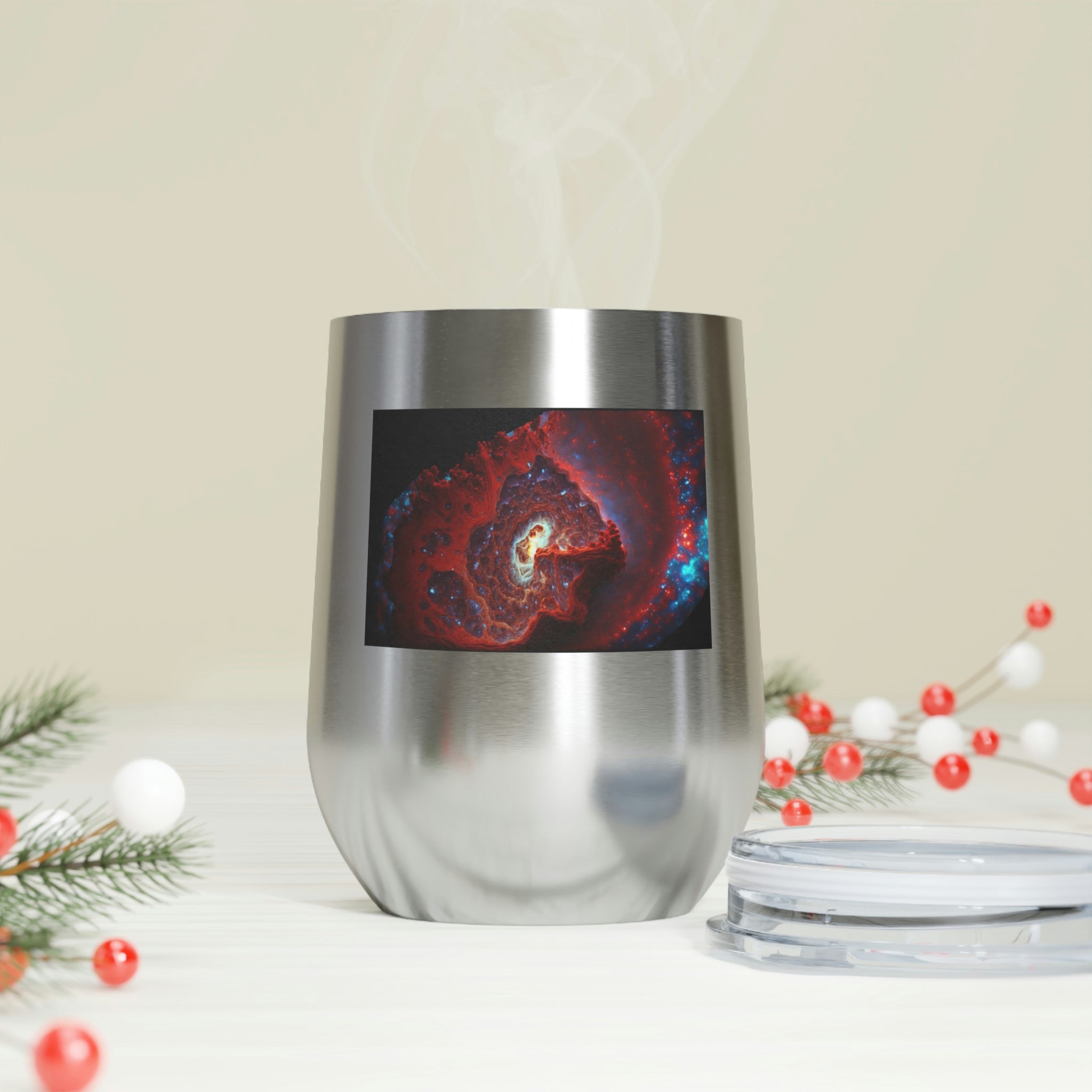 Galaxy Effects Wine Tumbler with a stunning galaxy design, featuring a clear plastic lid and double-wall insulation.