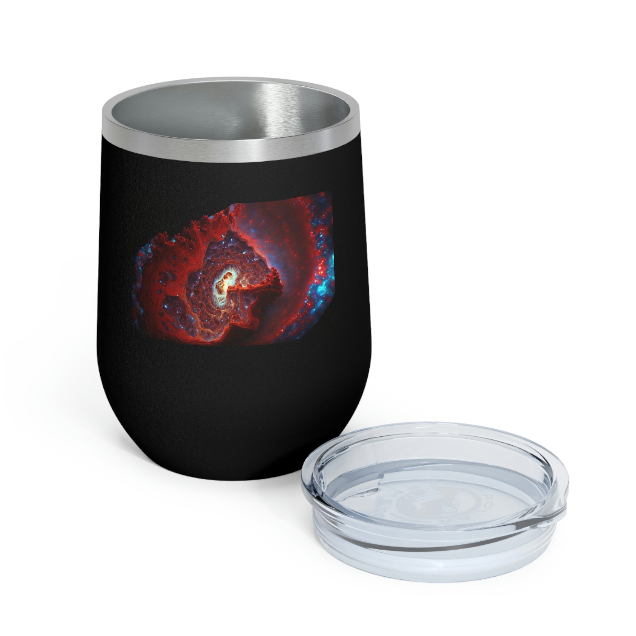 Galaxy Effects Wine Tumbler with a stunning galaxy design, featuring a clear plastic lid and double-wall insulation.