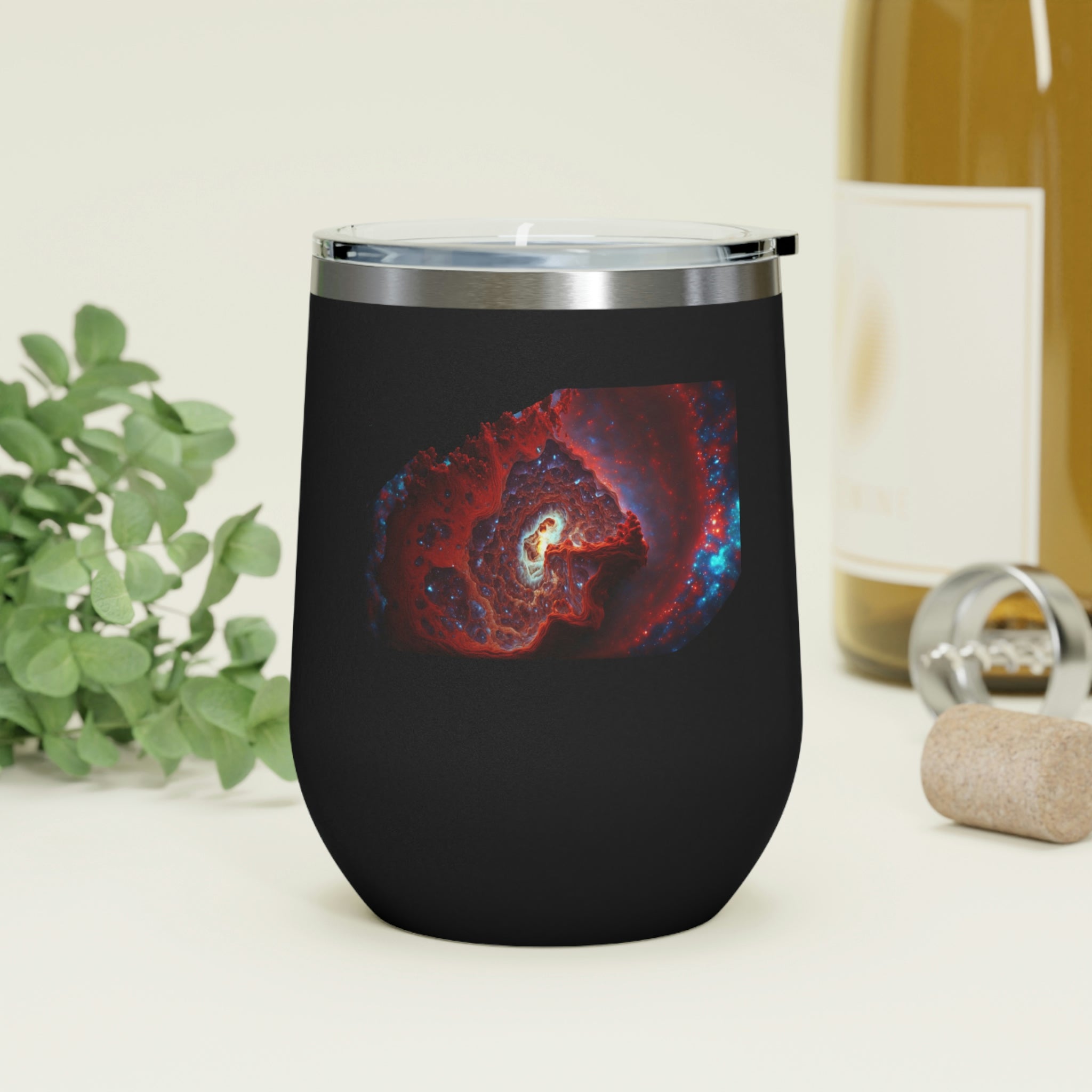 Galaxy Effects Wine Tumbler with a stunning galaxy design, featuring a clear plastic lid and double-wall insulation.