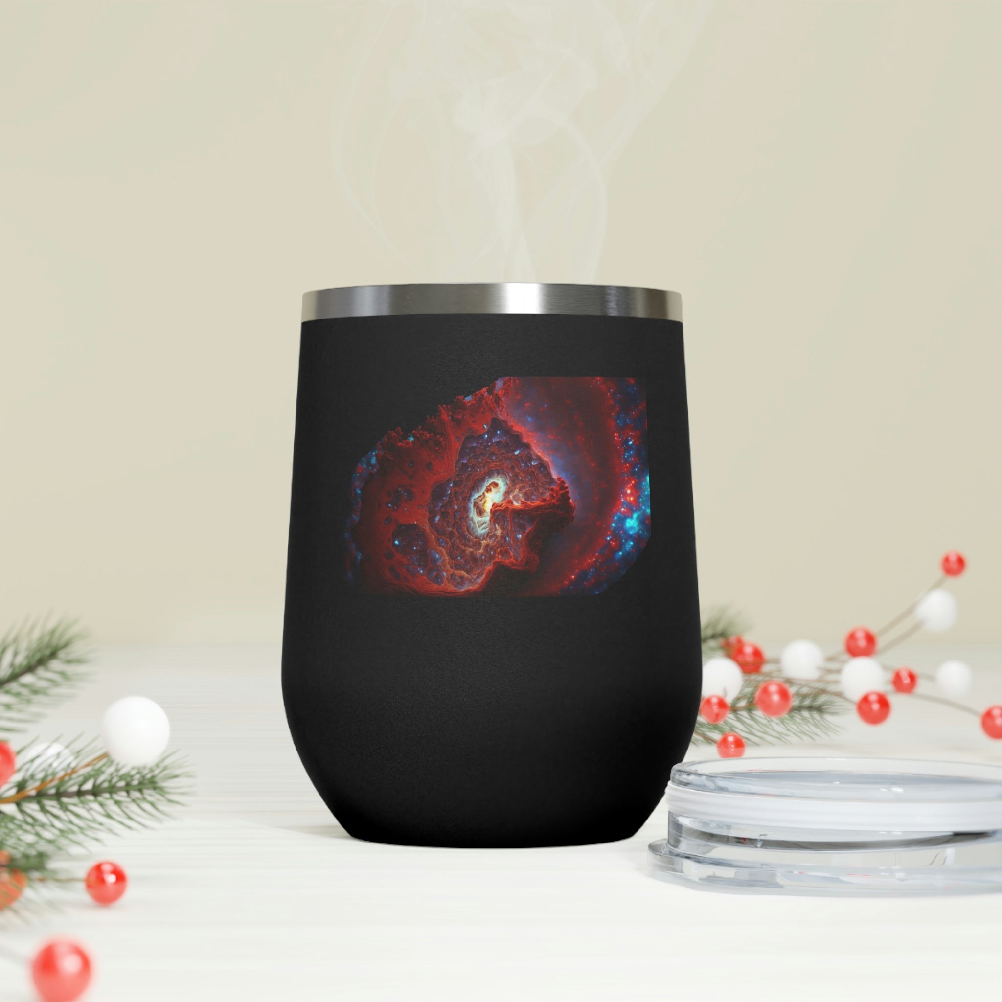 Galaxy Effects Wine Tumbler with a stunning galaxy design, featuring a clear plastic lid and double-wall insulation.