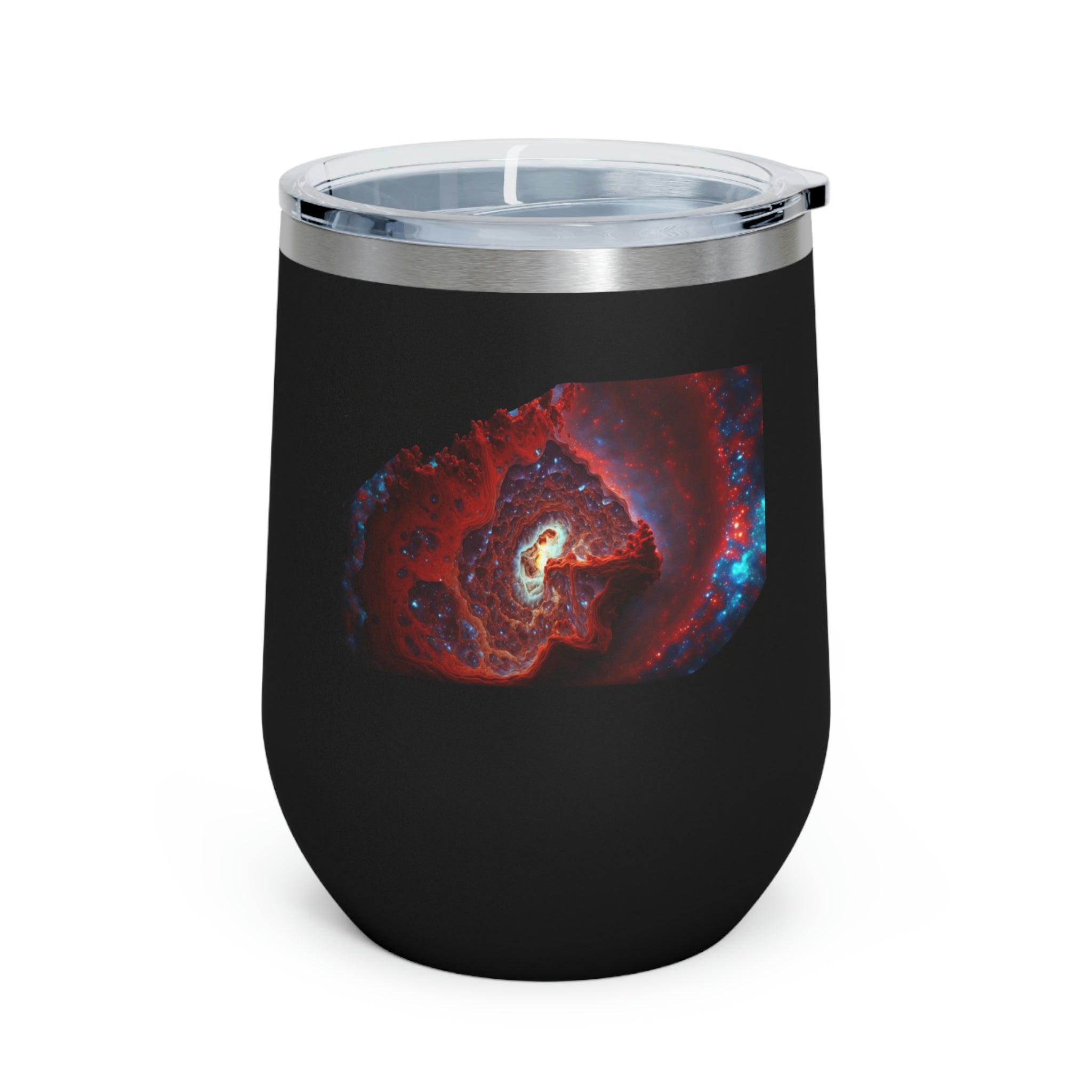 Galaxy Effects Wine Tumbler with a stunning galaxy design, featuring a clear plastic lid and double-wall insulation.