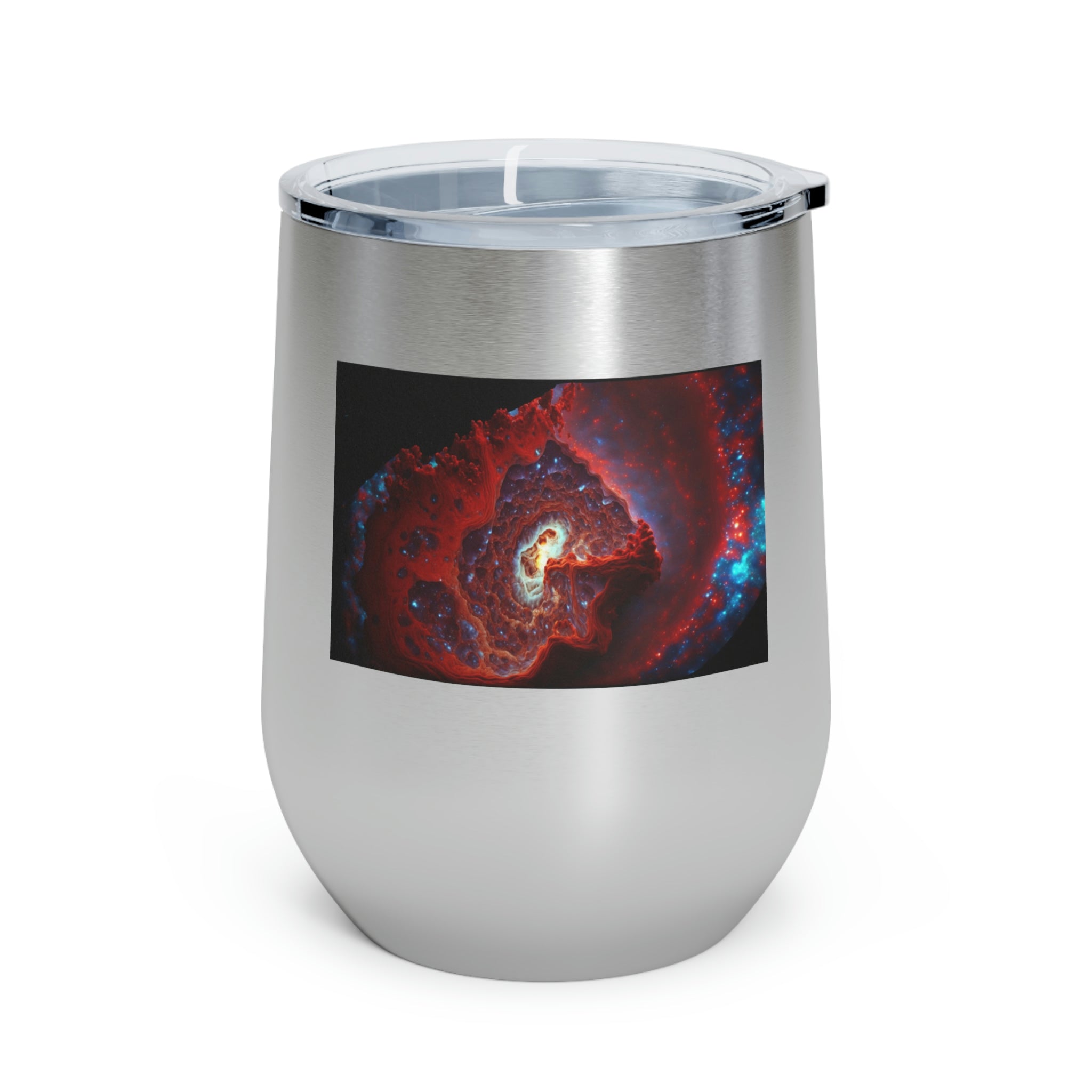 Galaxy Effects Wine Tumbler with a stunning galaxy design, featuring a clear plastic lid and double-wall insulation.