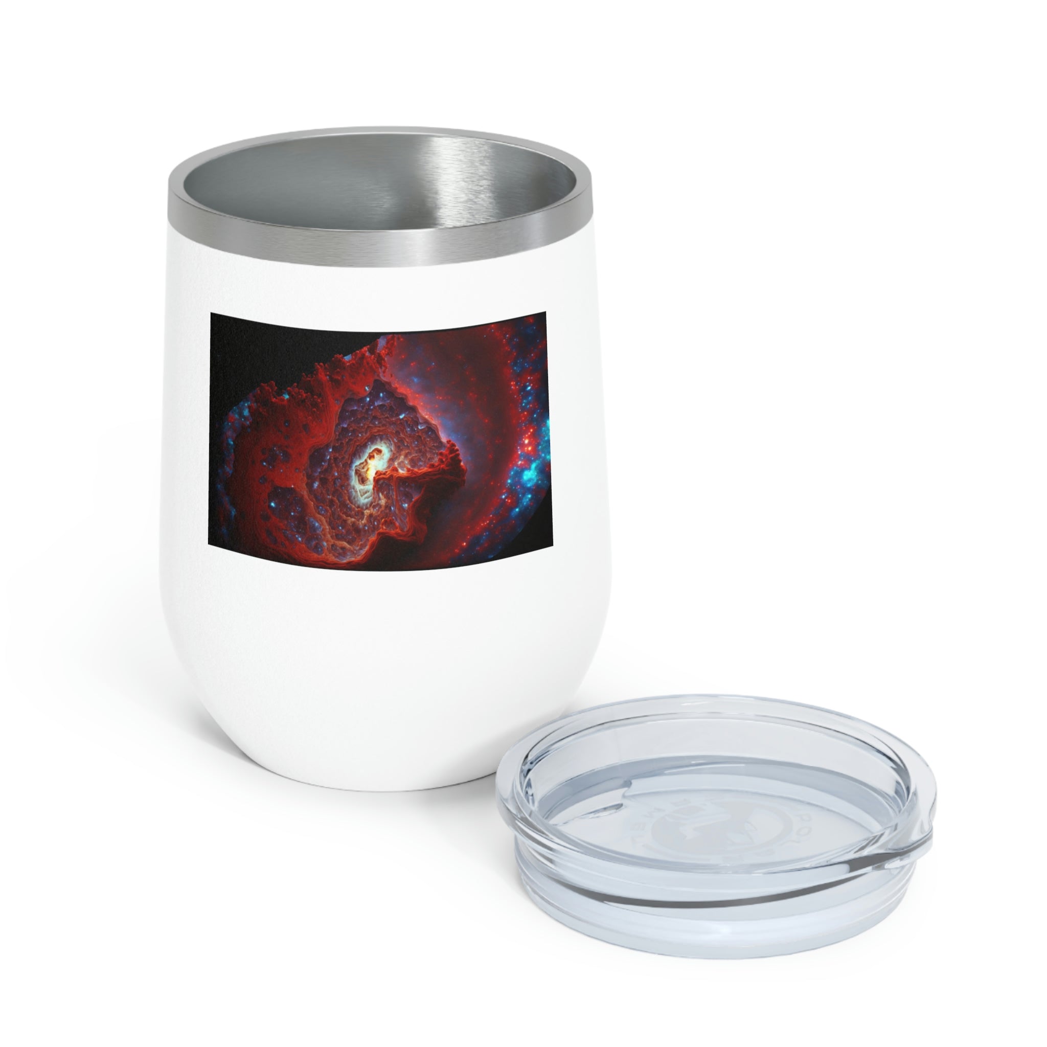 Galaxy Effects Wine Tumbler with a stunning galaxy design, featuring a clear plastic lid and double-wall insulation.