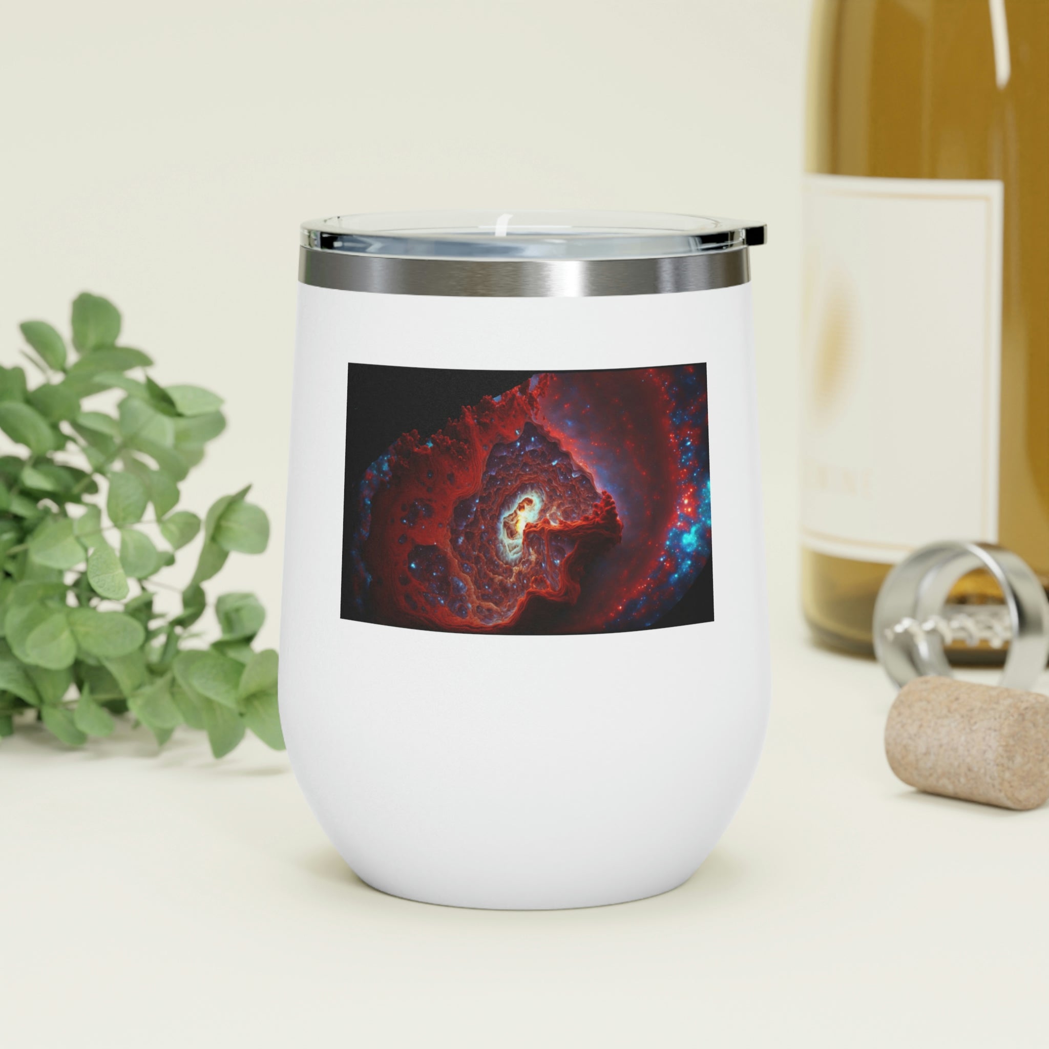 Galaxy Effects Wine Tumbler with a stunning galaxy design, featuring a clear plastic lid and double-wall insulation.