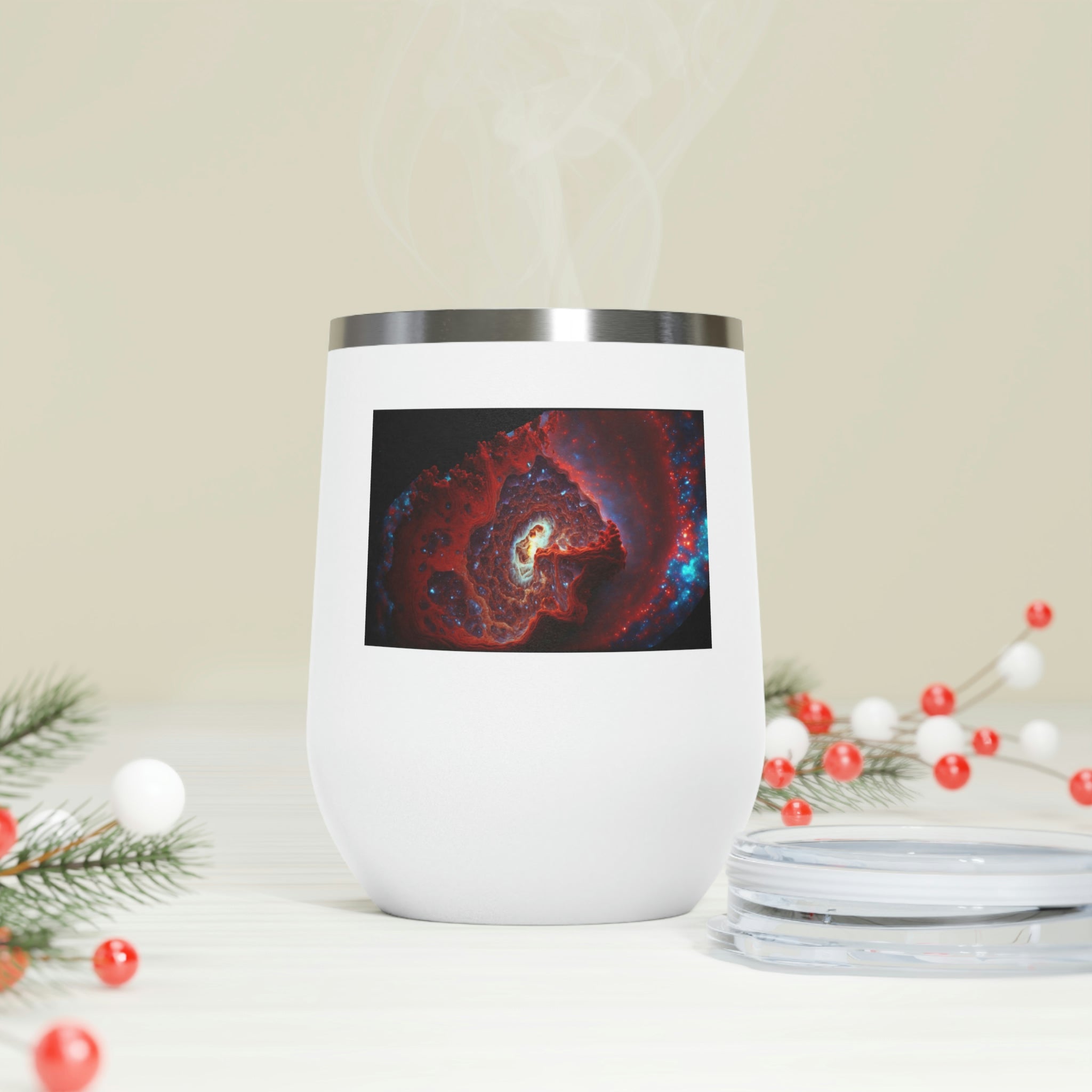 Galaxy Effects Wine Tumbler with a stunning galaxy design, featuring a clear plastic lid and double-wall insulation.