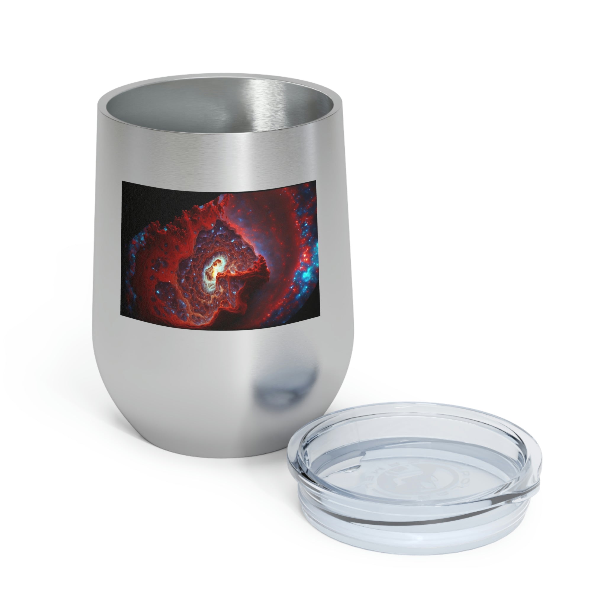 Galaxy Effects Wine Tumbler with a stunning galaxy design, featuring a clear plastic lid and double-wall insulation.