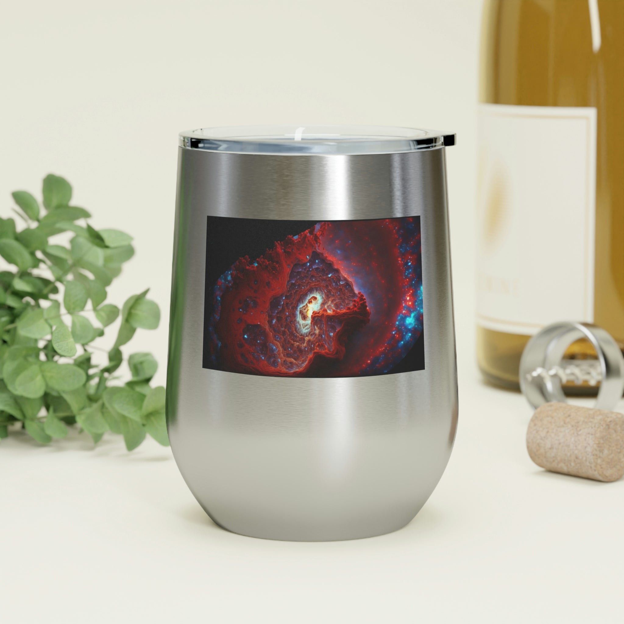 Galaxy Effects Wine Tumbler with a stunning galaxy design, featuring a clear plastic lid and double-wall insulation.