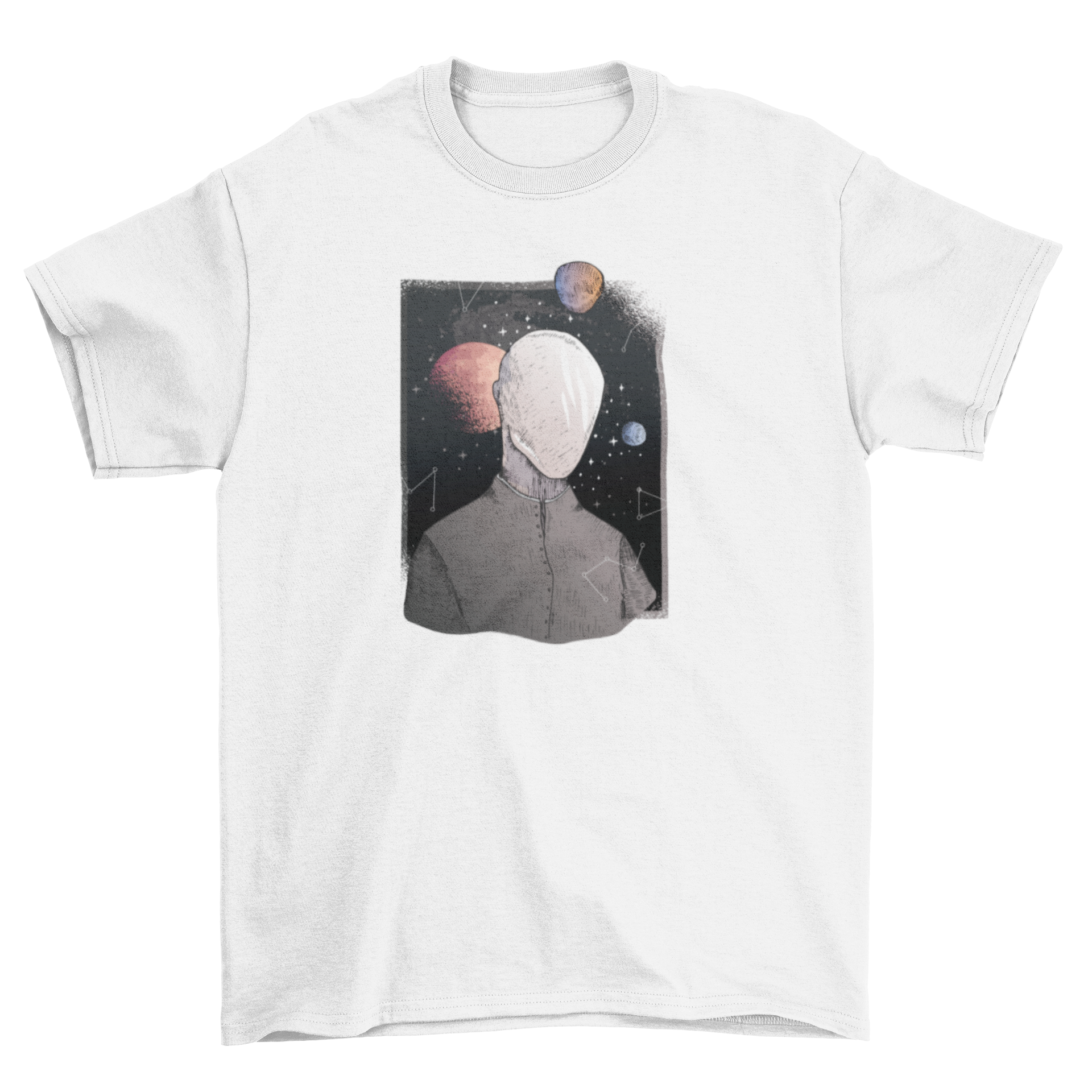 Galaxy Future T-Shirt featuring a faceless man against a colorful space backdrop with planets and star constellations.