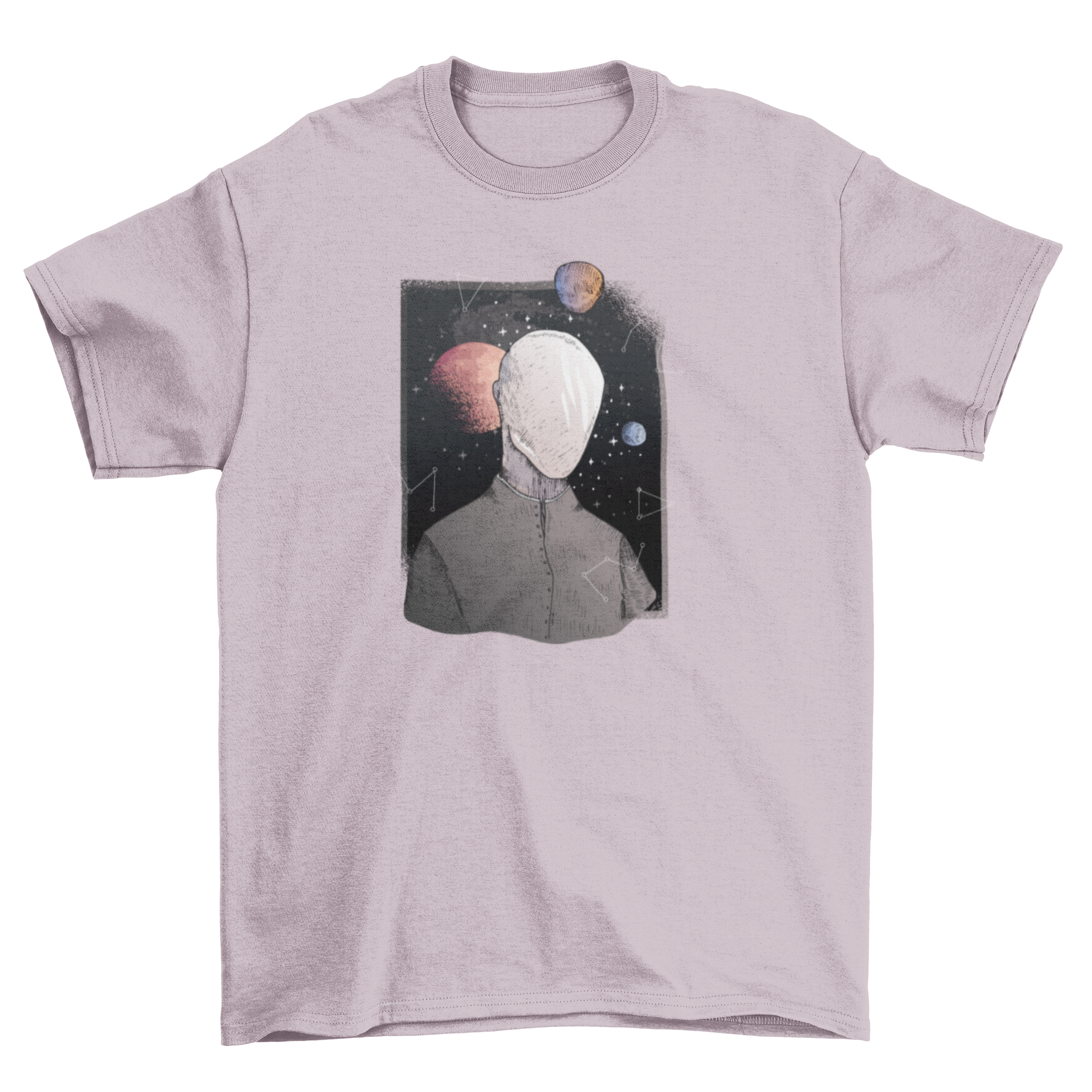 Galaxy Future T-Shirt featuring a faceless man against a colorful space backdrop with planets and star constellations.