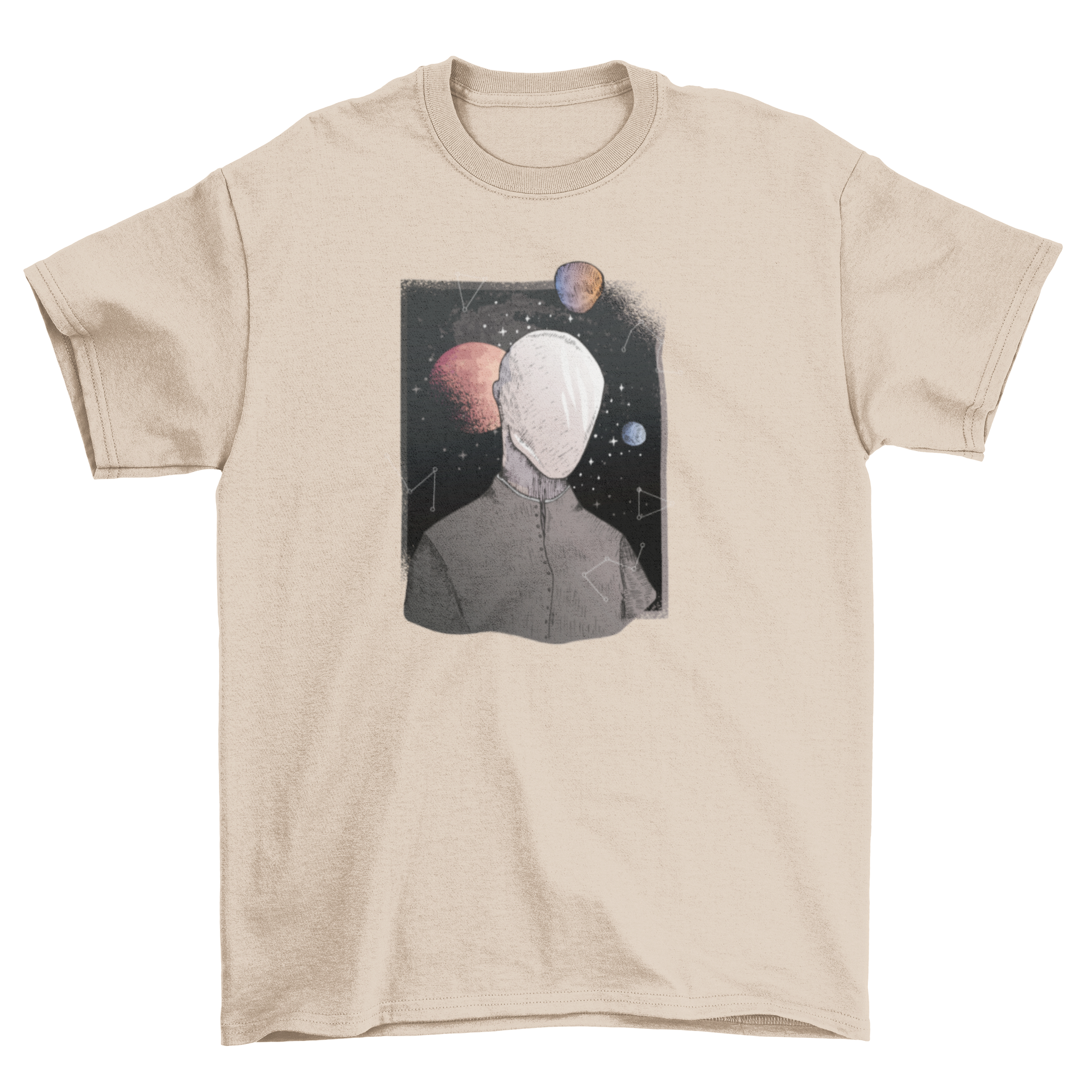 Galaxy Future T-Shirt featuring a faceless man against a colorful space backdrop with planets and star constellations.