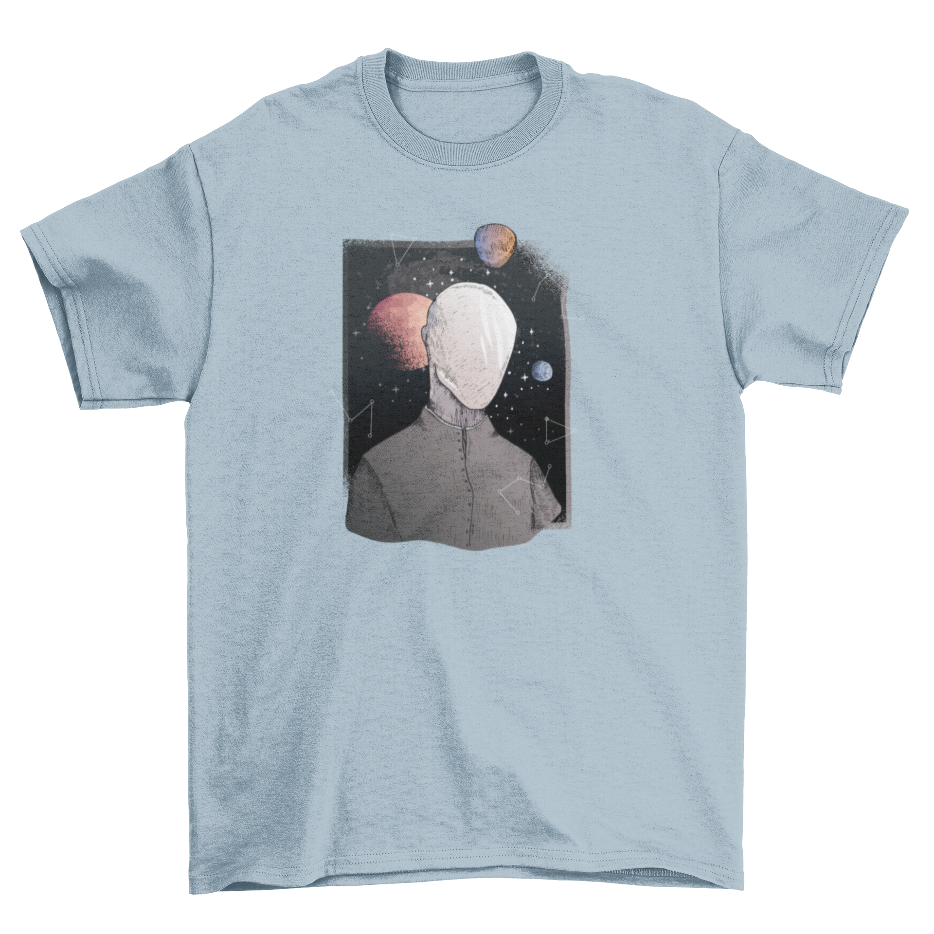 Galaxy Future T-Shirt featuring a faceless man against a colorful space backdrop with planets and star constellations.