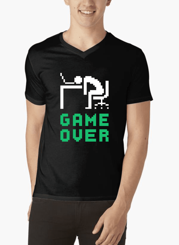 Game Over V-Neck T-shirt in various colors, showcasing its soft cotton fabric and unique design.