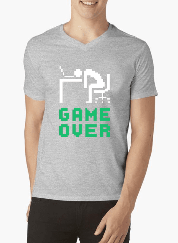 Game Over V-Neck T-shirt in various colors, showcasing its soft cotton fabric and unique design.