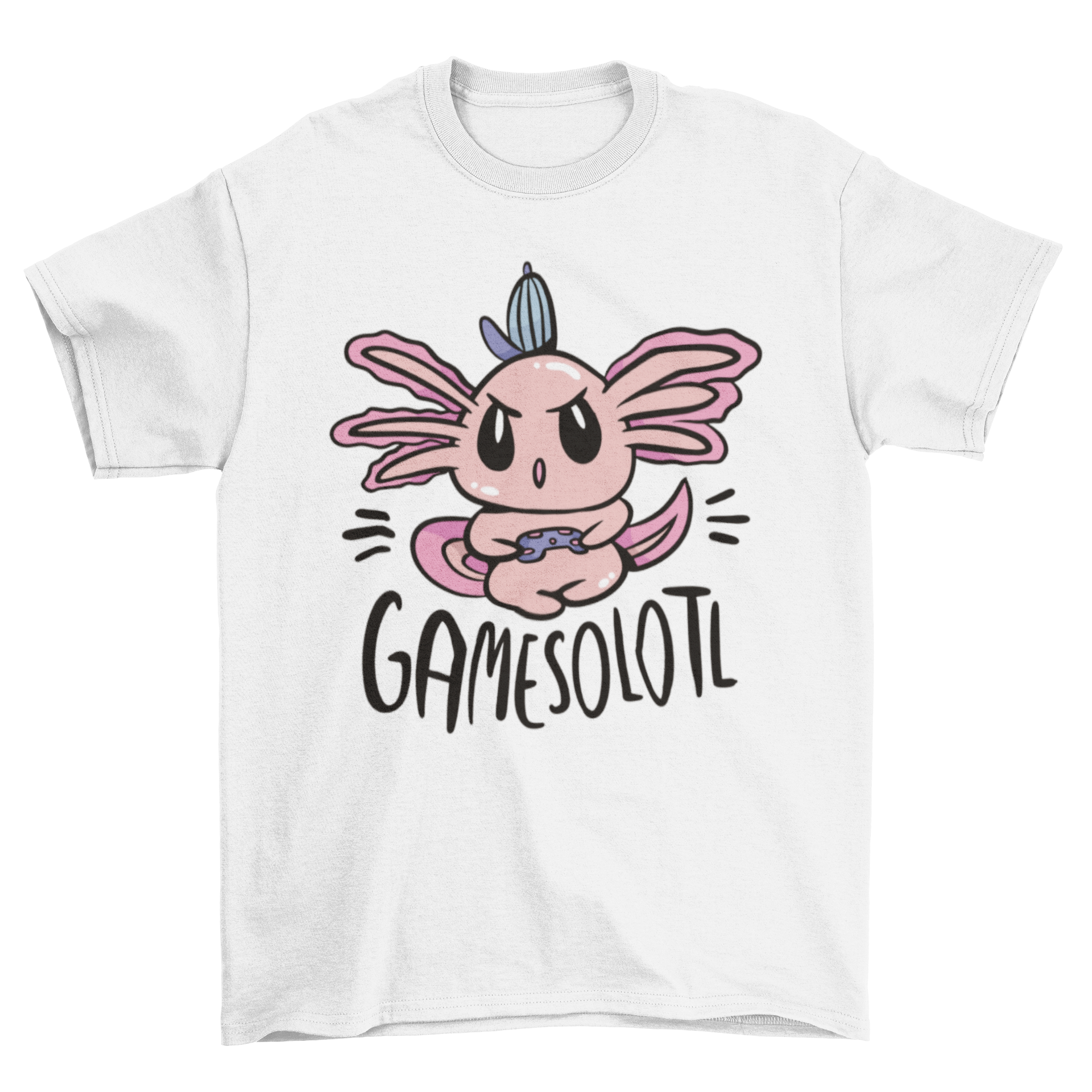 Gamer axolotl t-shirt featuring a colorful doodle design of an axolotl, perfect for gaming enthusiasts.