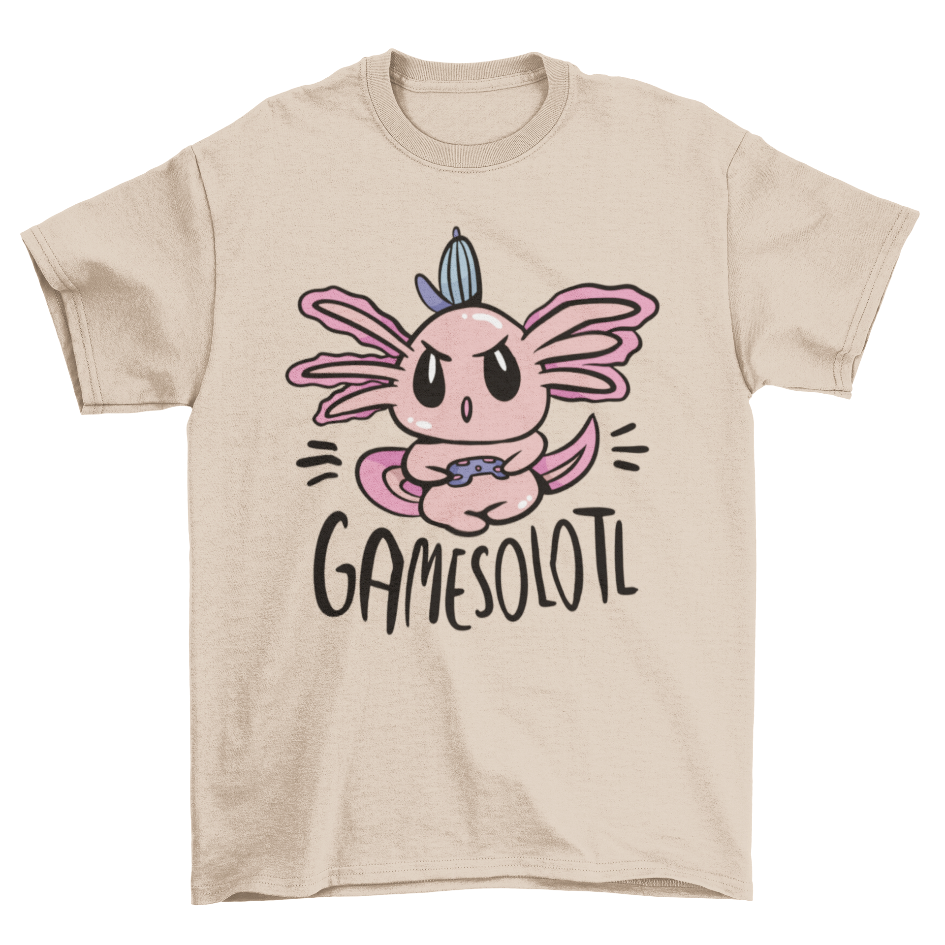 Gamer axolotl t-shirt featuring a colorful doodle design of an axolotl, perfect for gaming enthusiasts.