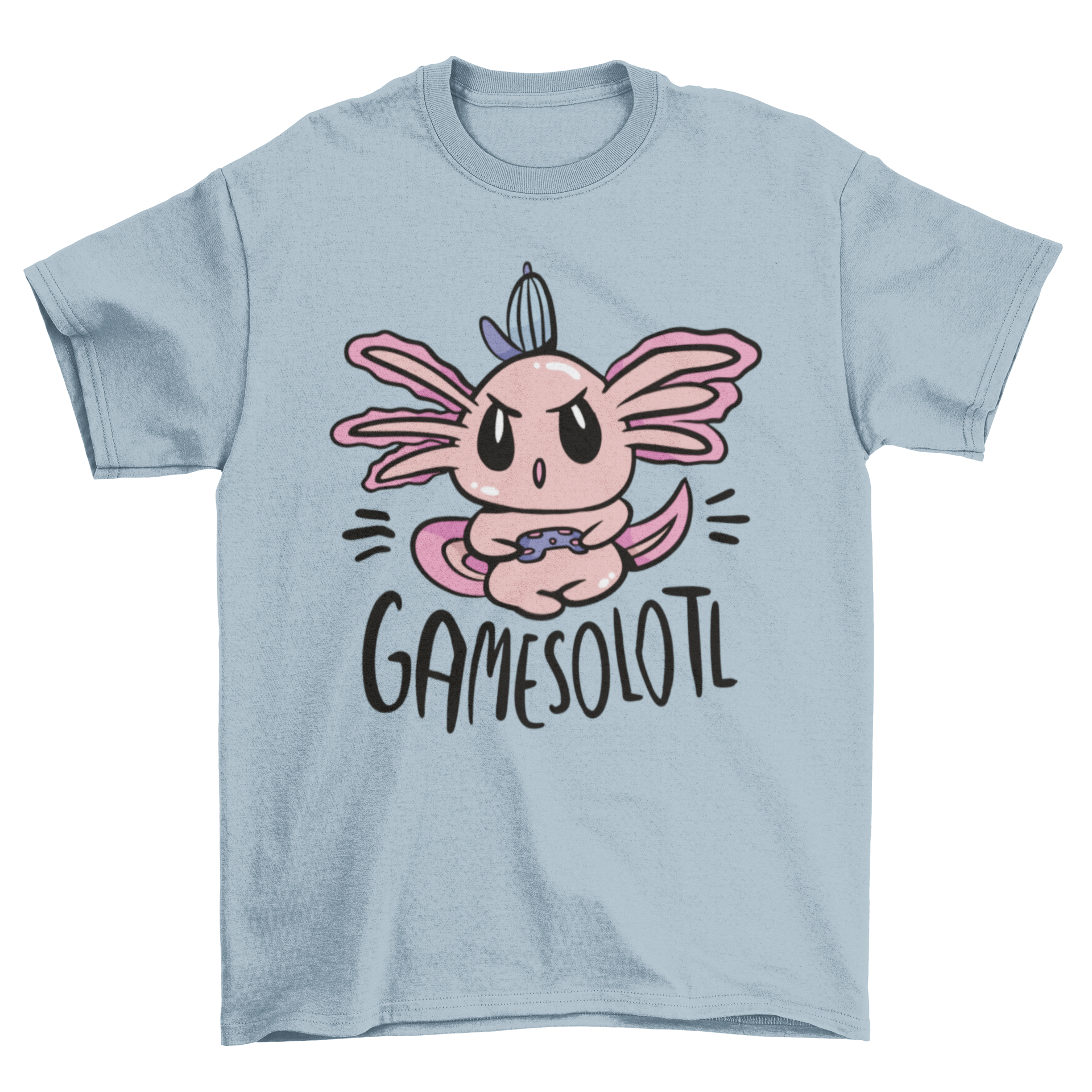 Gamer axolotl t-shirt featuring a colorful doodle design of an axolotl, perfect for gaming enthusiasts.