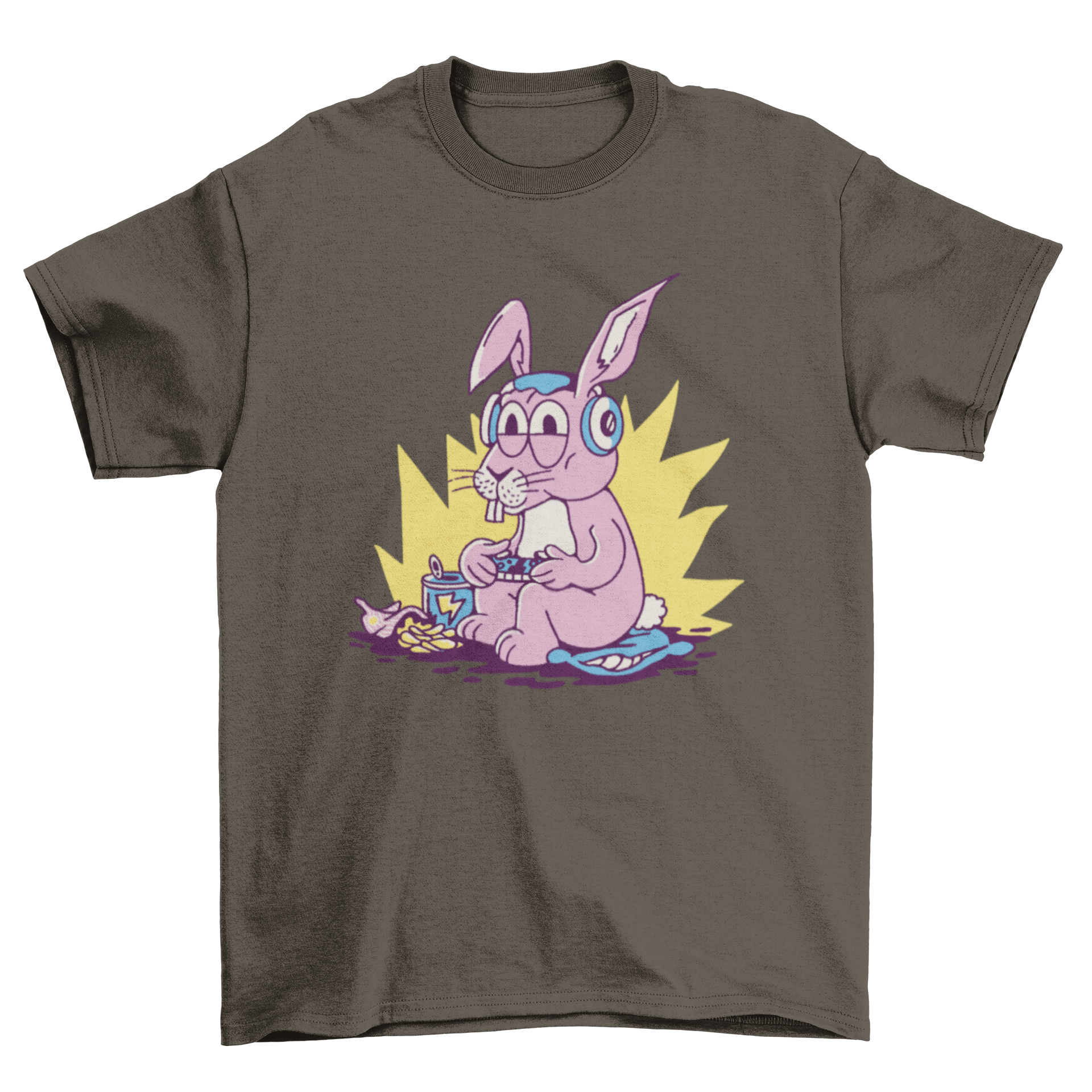 A colorful cartoon t-shirt featuring a playful gamer bunny design, perfect for gaming enthusiasts.