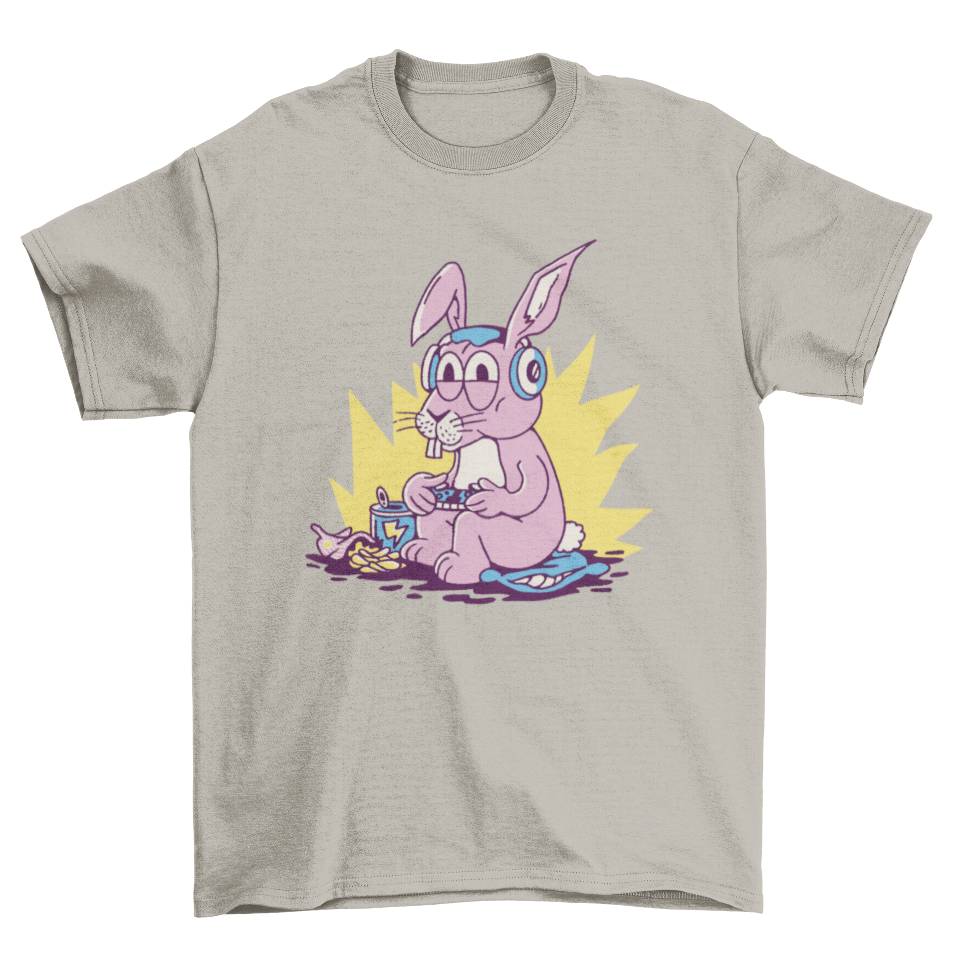 A colorful cartoon t-shirt featuring a playful gamer bunny design, perfect for gaming enthusiasts.