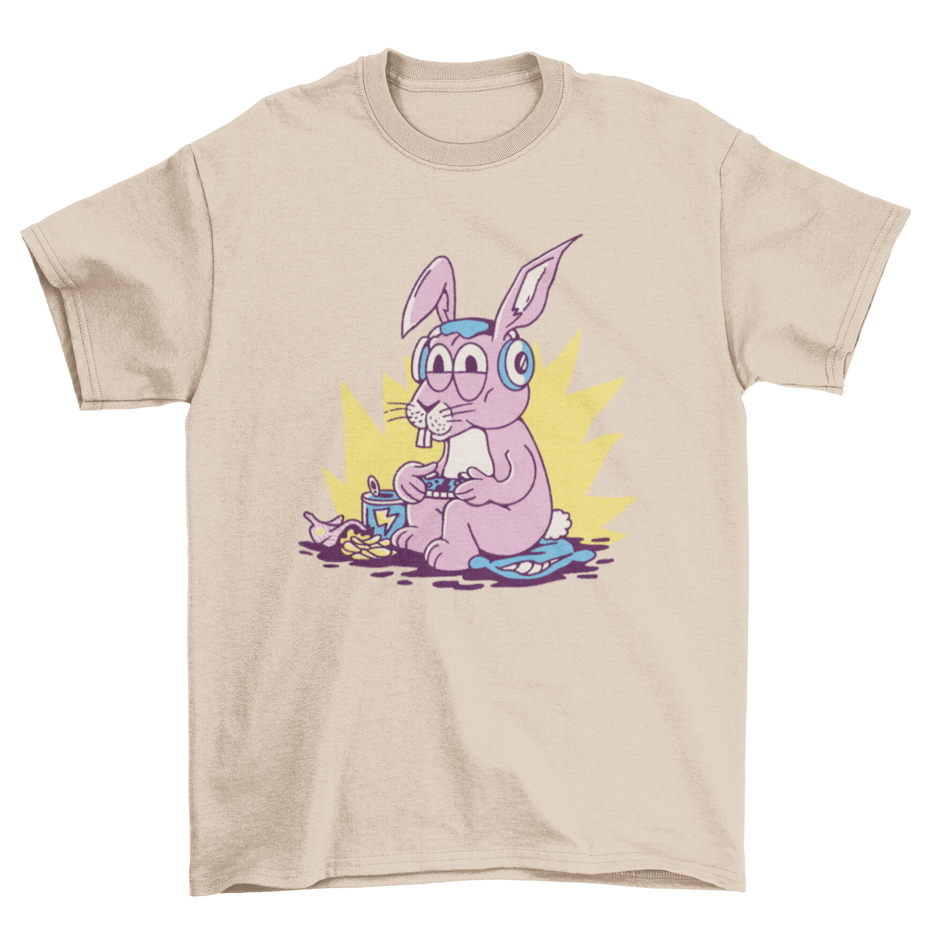 A colorful cartoon t-shirt featuring a playful gamer bunny design, perfect for gaming enthusiasts.