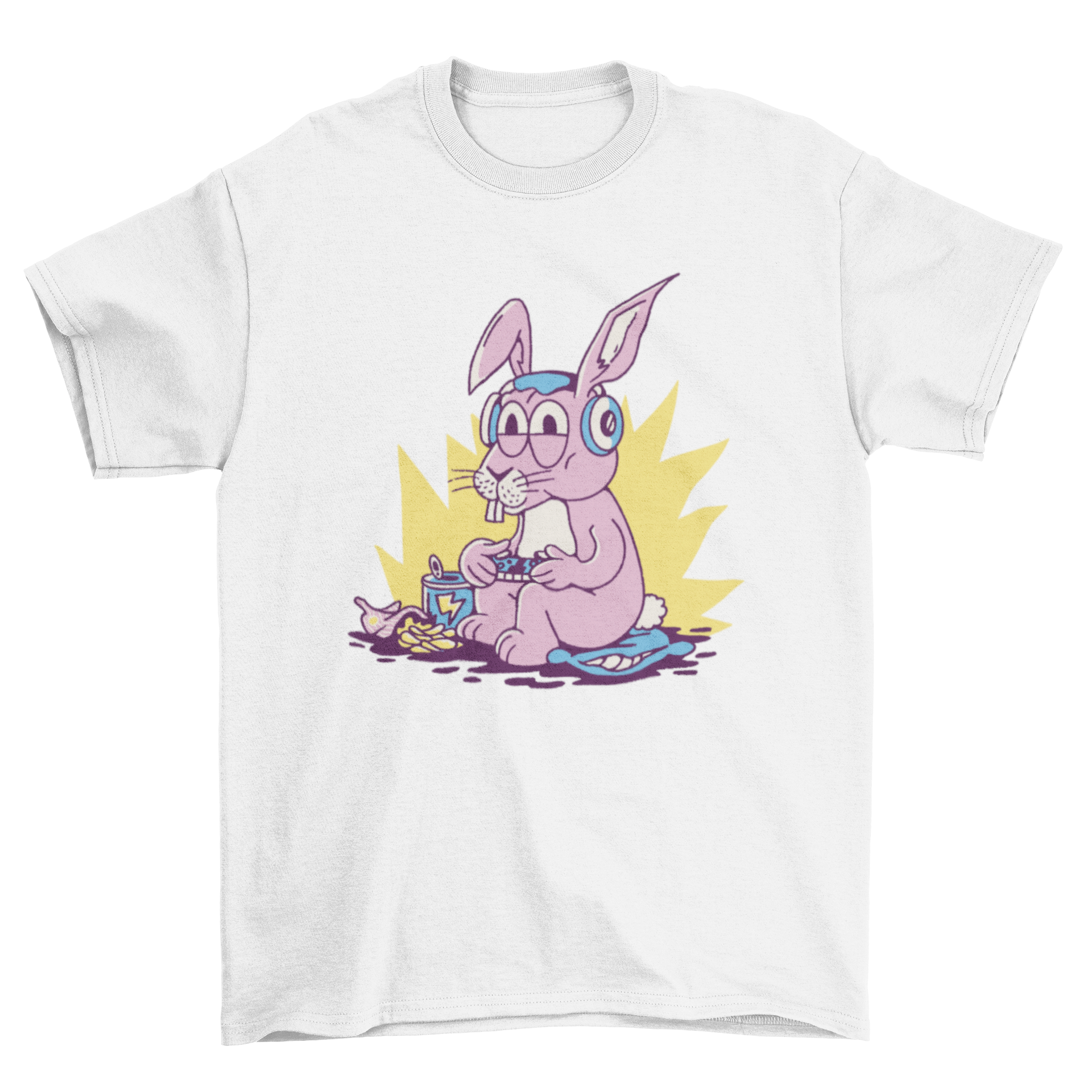 A colorful cartoon t-shirt featuring a playful gamer bunny design, perfect for gaming enthusiasts.